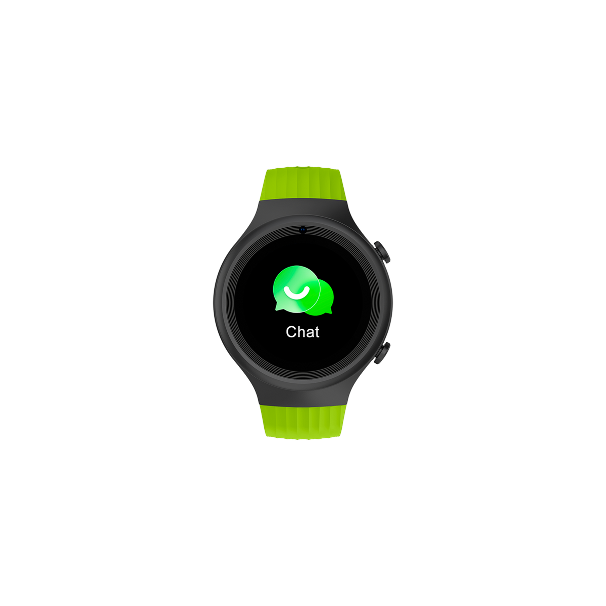 Smartwatch mit Chat-Symbol auf dem Bildschirm, grünem Armband, schwarzem Gehäuse, auf schwarzem Hintergrund.