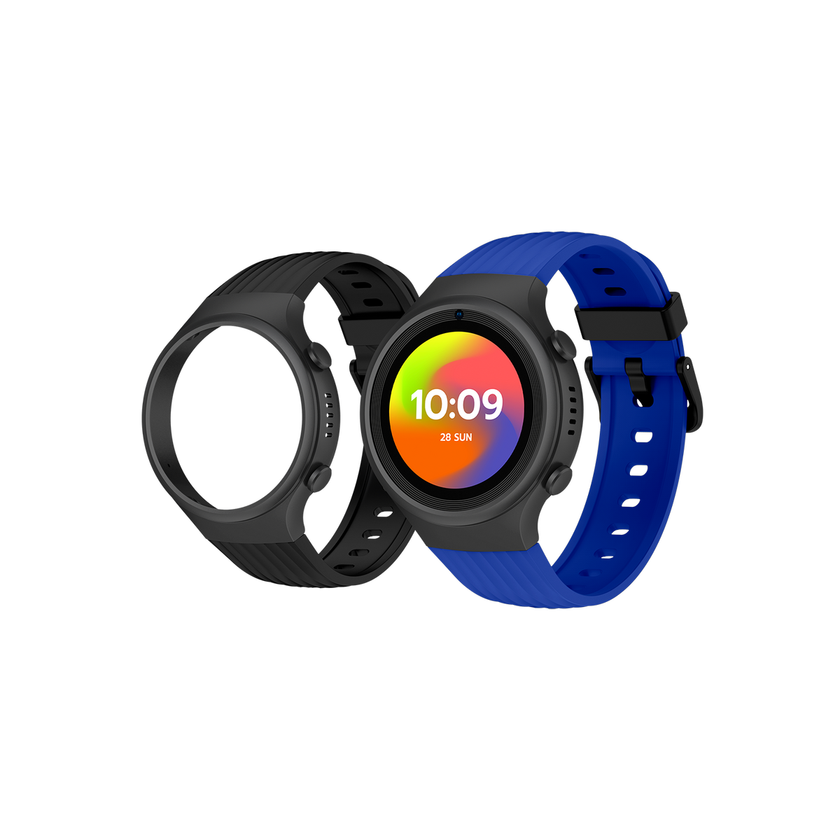 Zwei Smartwatches, eine mit Zeitanzeige, blauem Armband, eine schwarz, auf schwarzem Hintergrund.