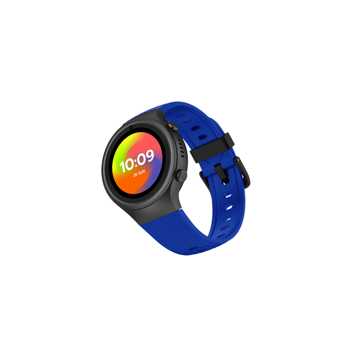 Smartwatch mit Zeitanzeige, blauem Armband, schwarzem Gehäuse, auf schwarzem Hintergrund.