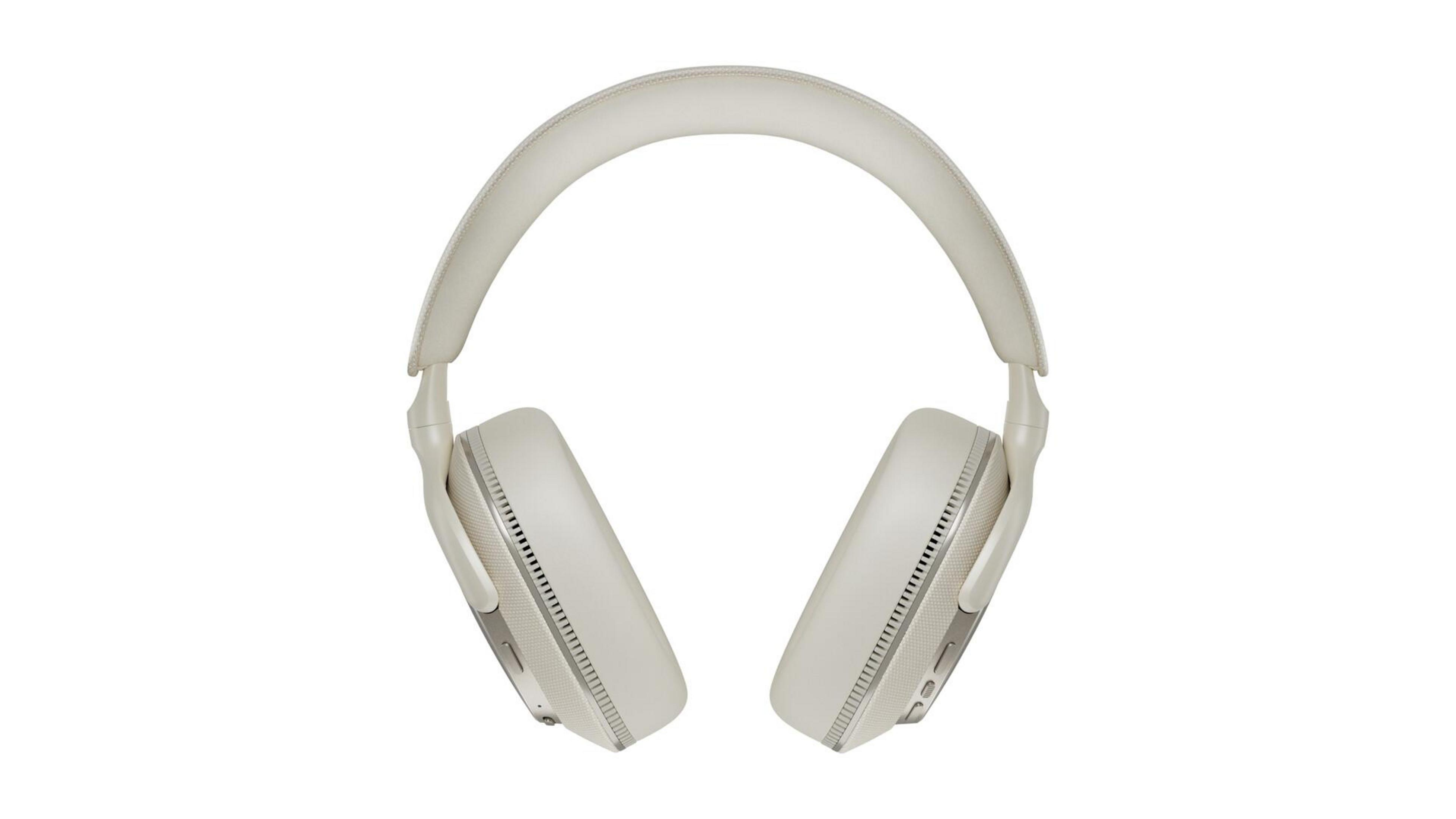 Białe słuchawki nauszne na białym tle, widok z góry.