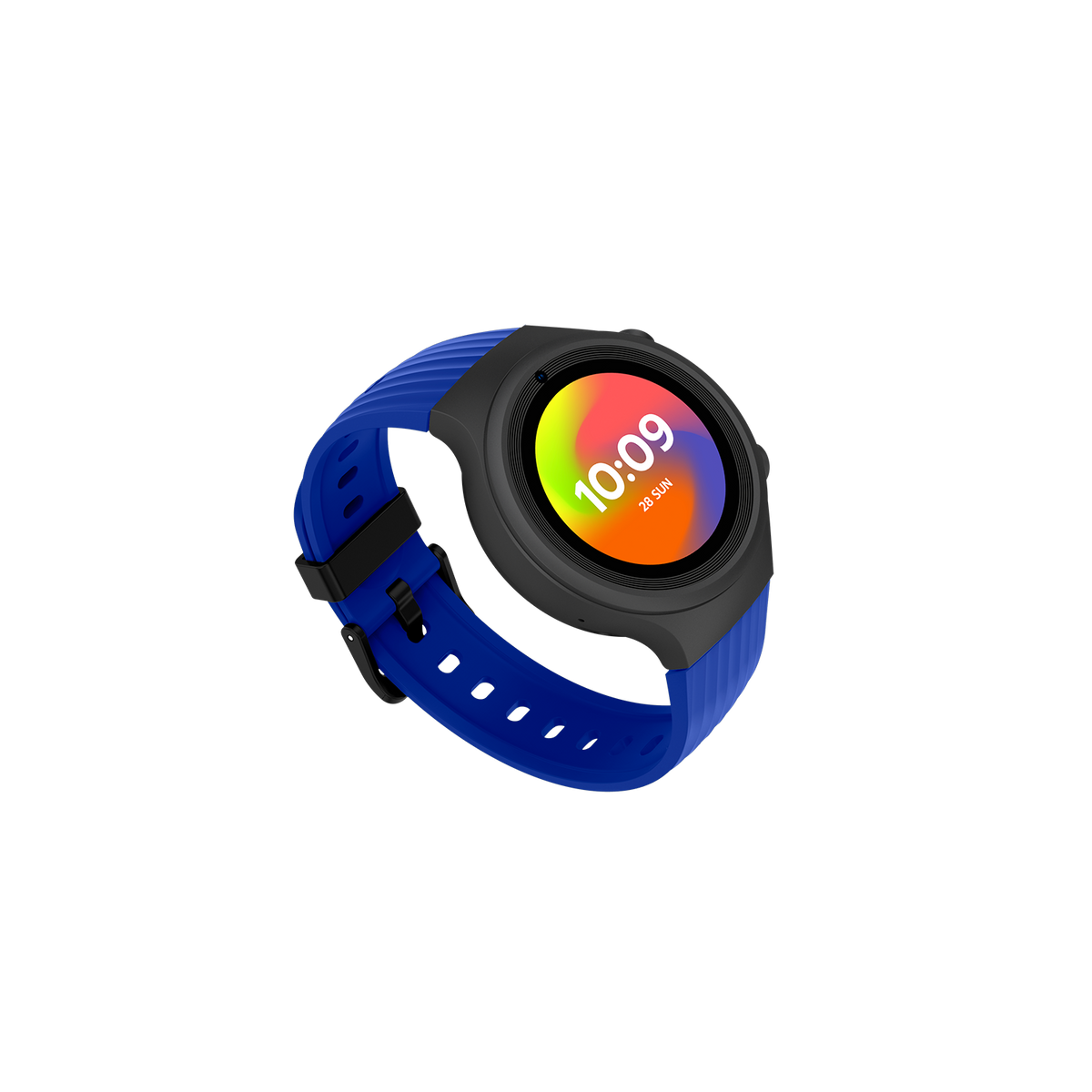 Blaue Smartwatch mit schwarzem Rahmen und farbigem Display, das die Zeit anzeigt.