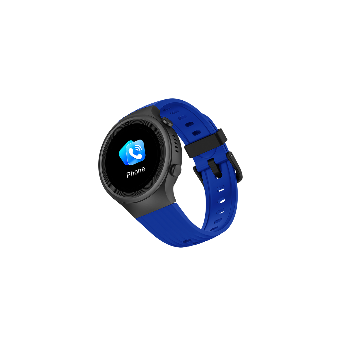 Smartwatch mit Telefon-Symbol auf dem Bildschirm, blauem Armband, schwarzem Gehäuse, auf schwarzem Hintergrund.