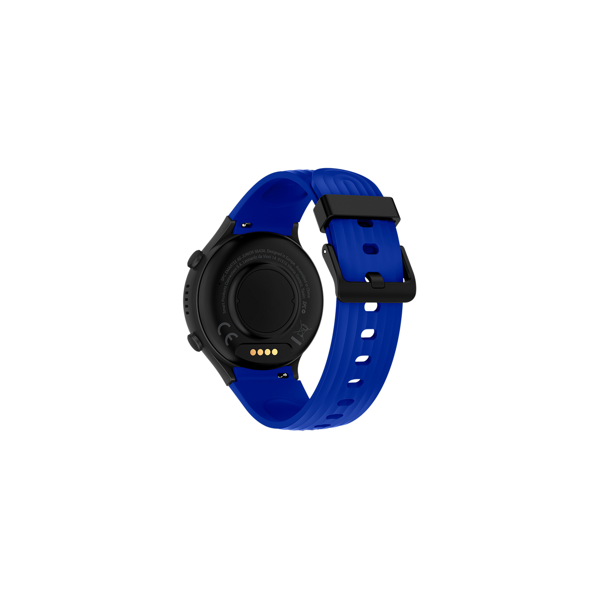 Rückansicht der Smartwatch, blaues Armband, schwarzes Gehäuse, auf schwarzem Hintergrund.