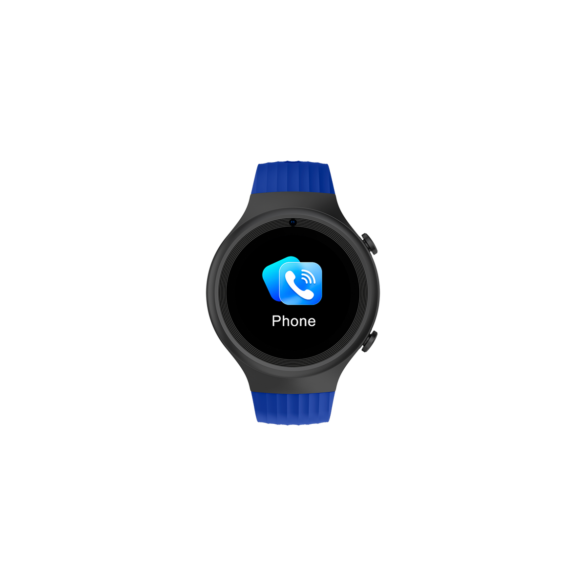 Smartwatch mit Telefon-Symbol auf dem Bildschirm, blauem Armband, schwarzem Gehäuse, auf schwarzem Hintergrund.