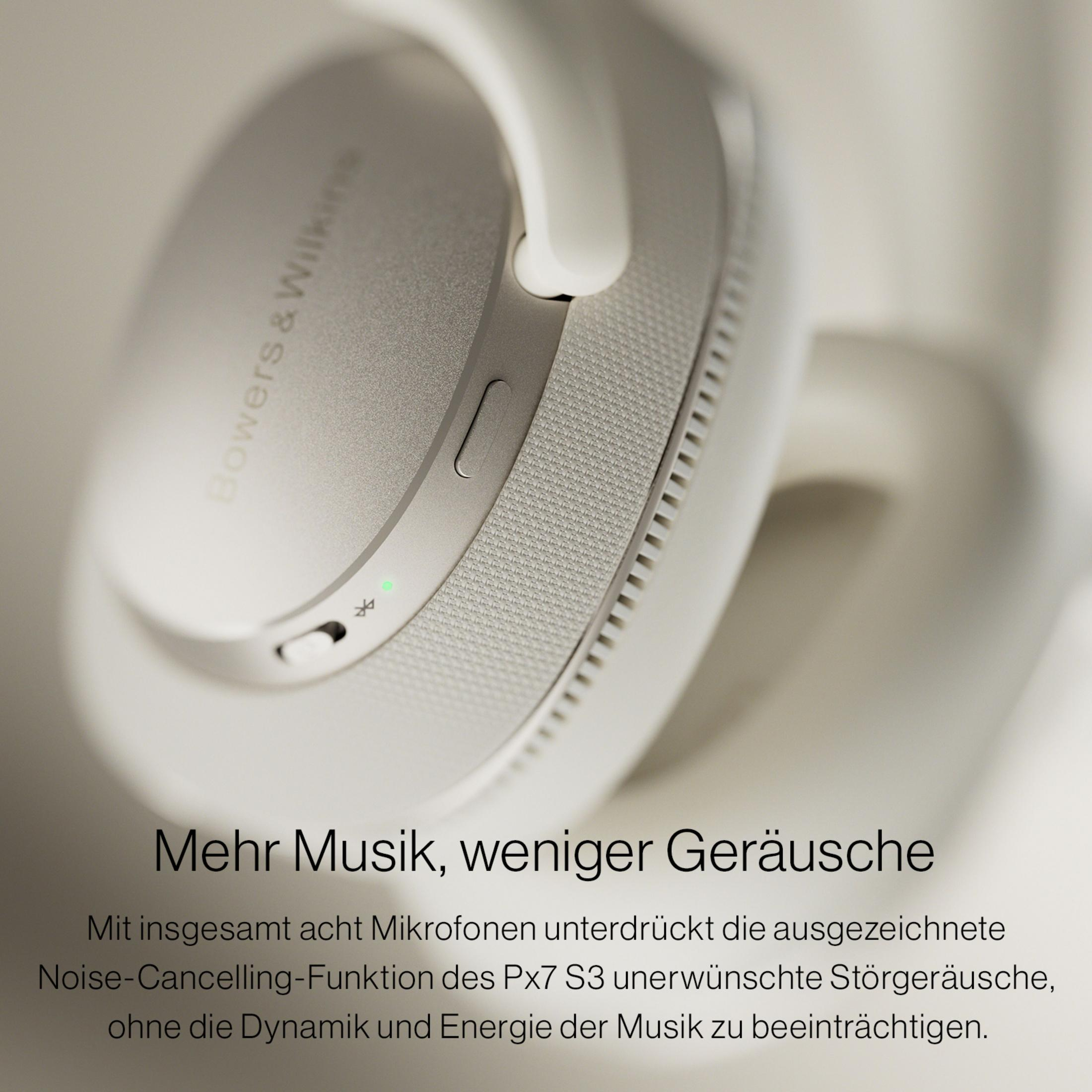 Białe słuchawki z niemieckim tekstem, na rozmytym tle.