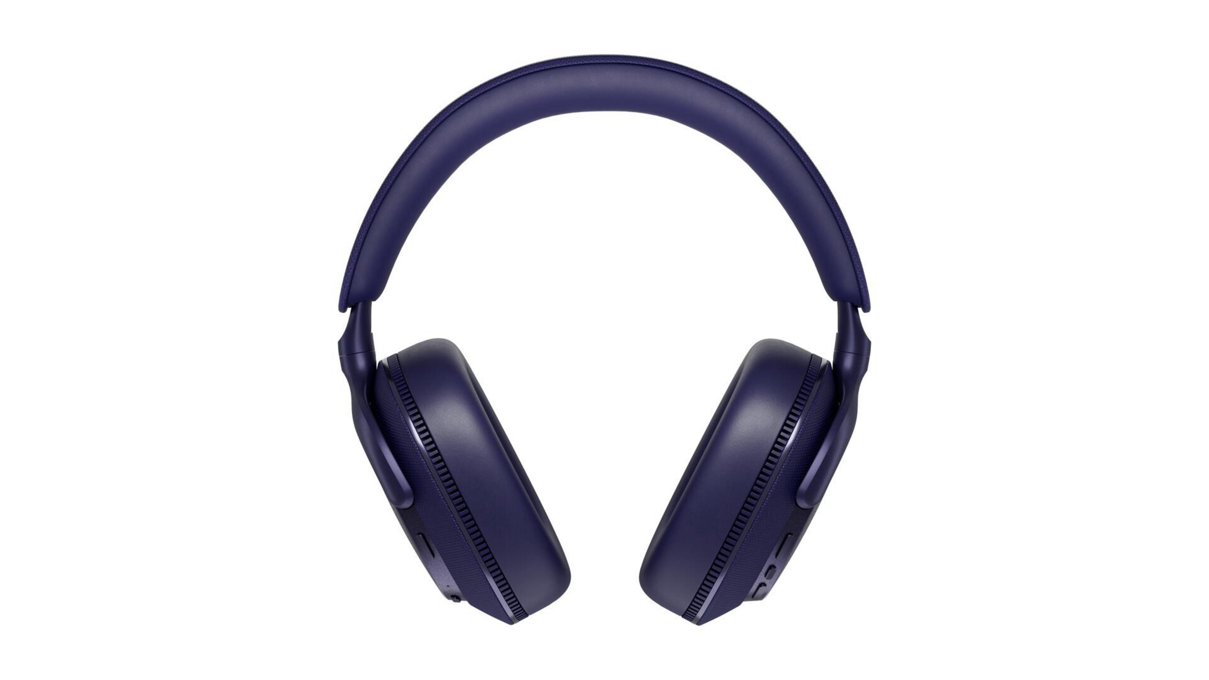 Auriculares azules. Vista frontal. Diseño simple. Fondo blanco.