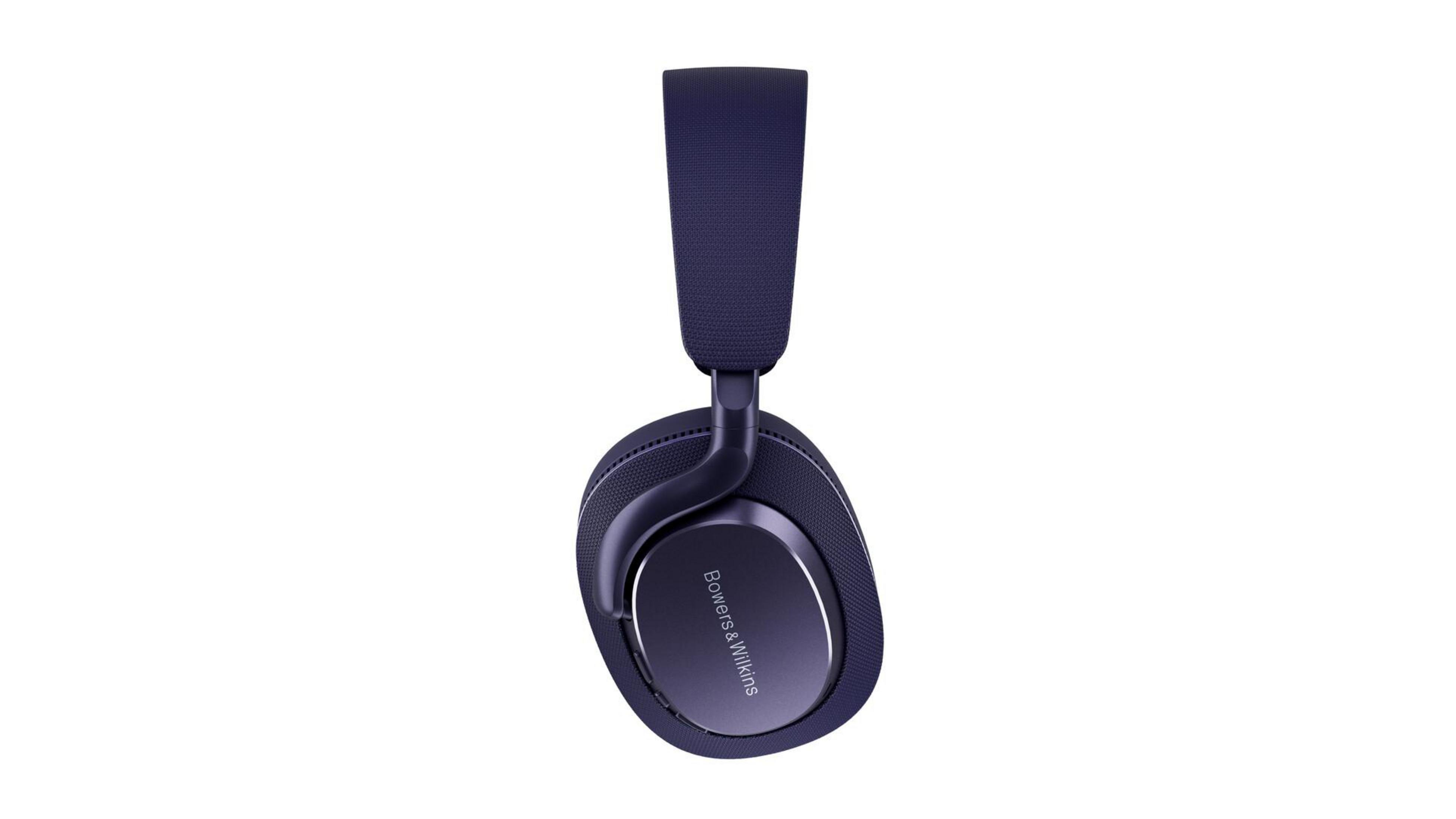 Auriculares azules de diadema con el logo de Bowers & Wilkins, vistos de lado.