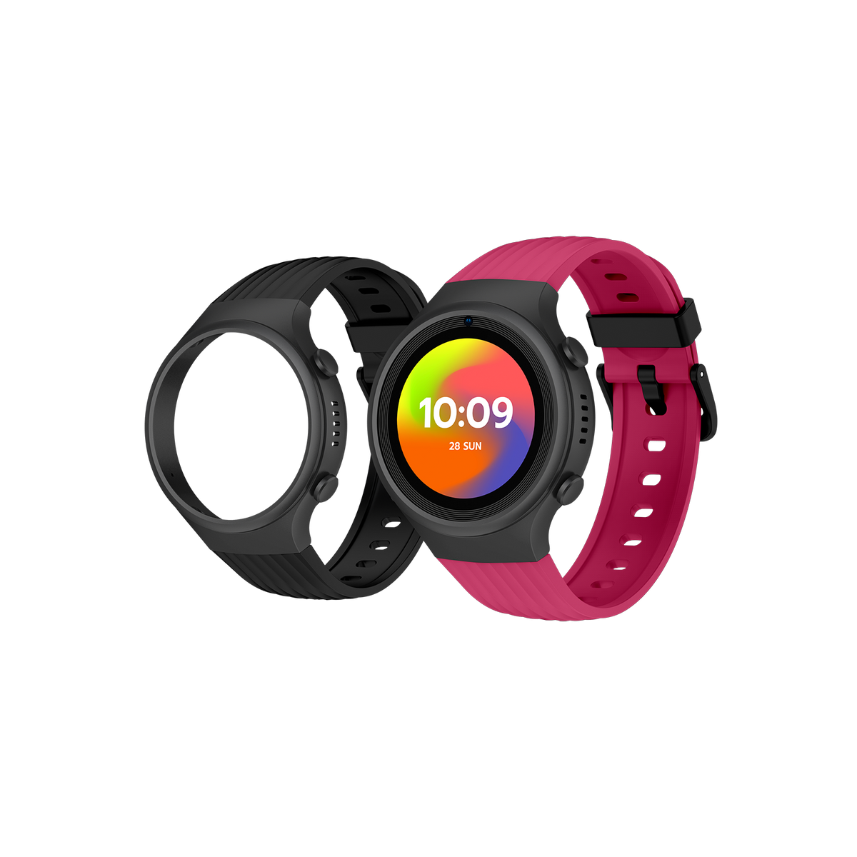 Zwei Smartwatches, eine schwarze und eine pinkfarbene, die Zeit und einen farbenfrohen Bildschirm anzeigen.