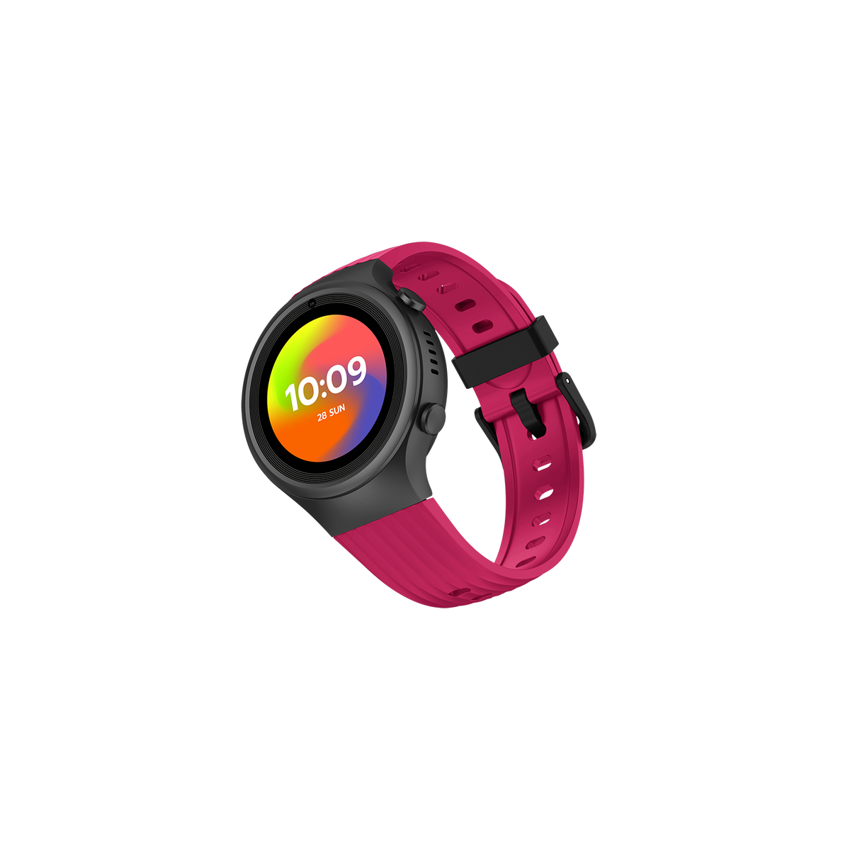 Eine pinkfarbene Smartwatch, die die Uhrzeit und einen farbenfrohen Bildschirm mit einem pinkfarbenen Armband anzeigt.