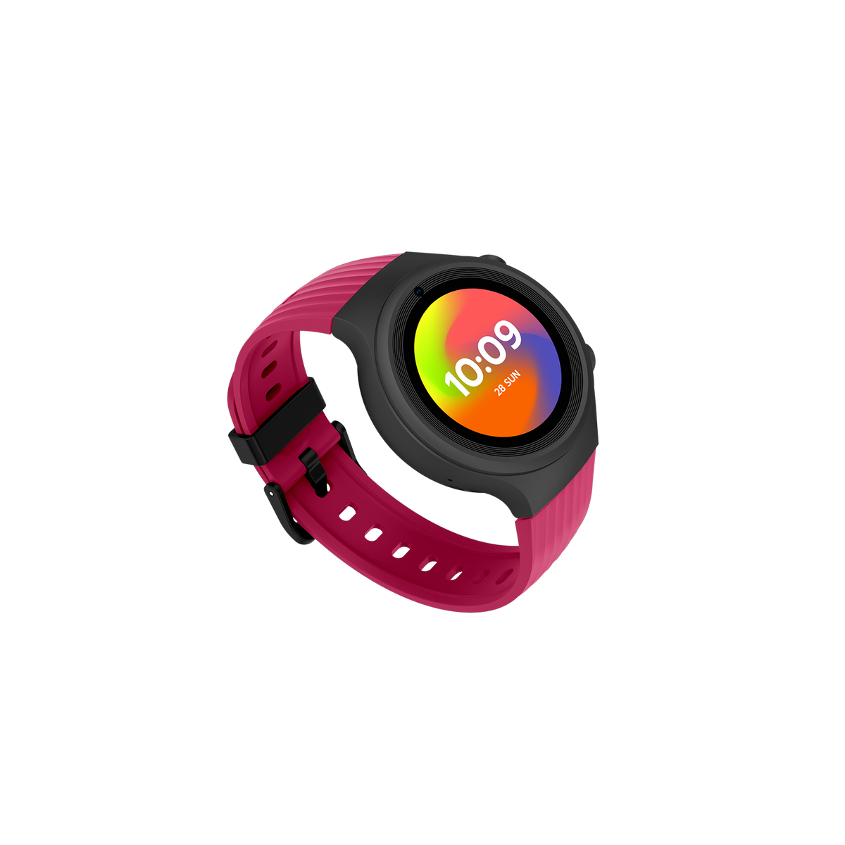 Smartwatch, cinturino rosa, cassa nera. Vista angolata. Sfondo nero.