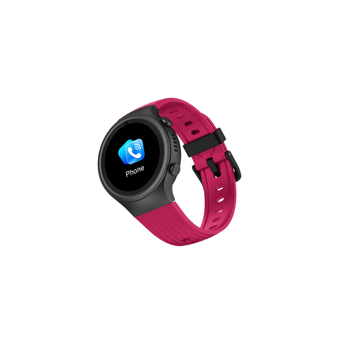 Uno smartwatch rosa che mostra un'icona del telefono sullo schermo, con un cinturino rosa.