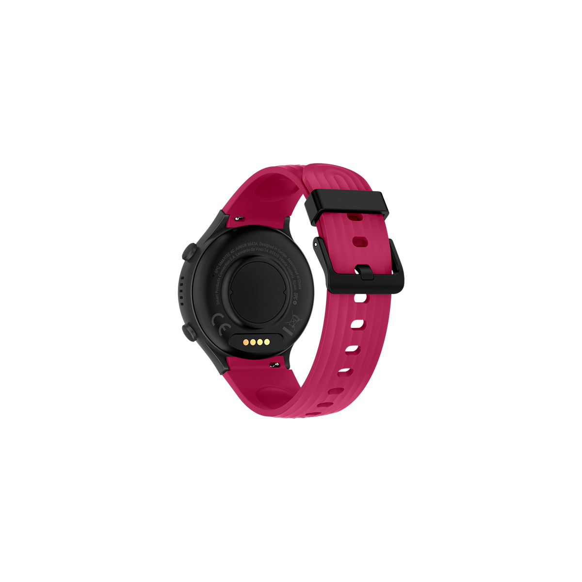 Smartwatch, vista posteriore, cinturino rosa, cassa nera. Mostrando il retro del dispositivo.