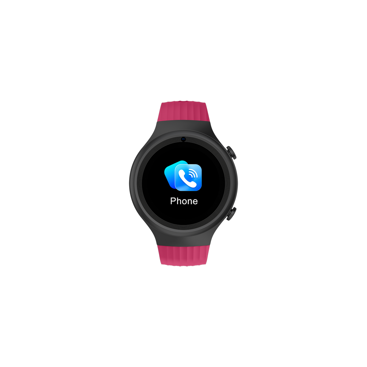 Smartwatch nero con cinturino rosa, che mostra un'icona del telefono sullo schermo.