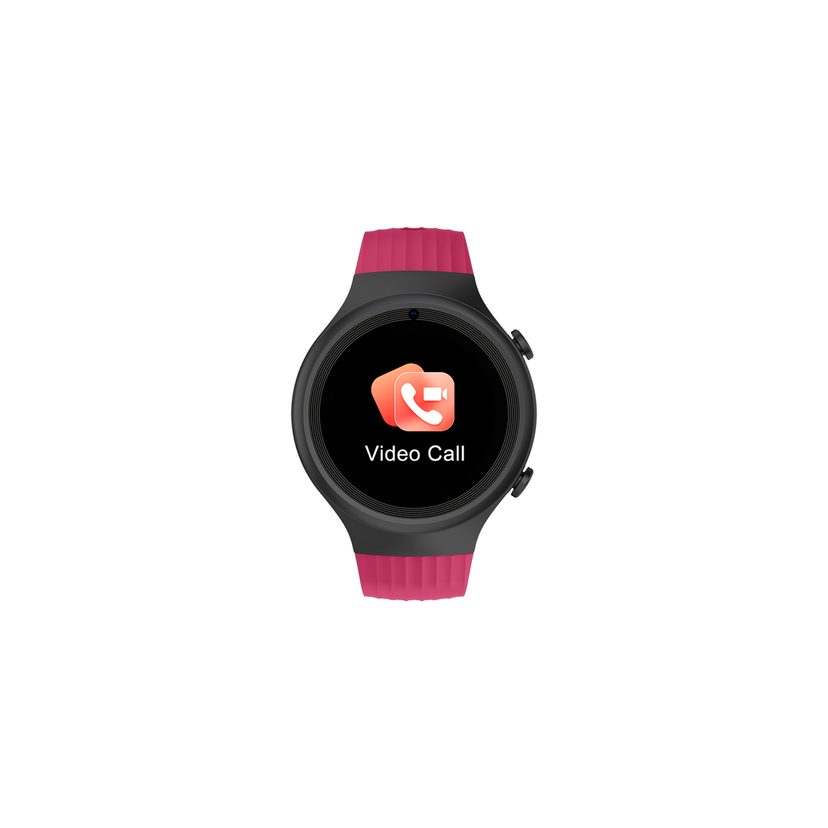 Uno smartwatch nero che mostra un'interfaccia di videochiamata, con un cinturino rosa.