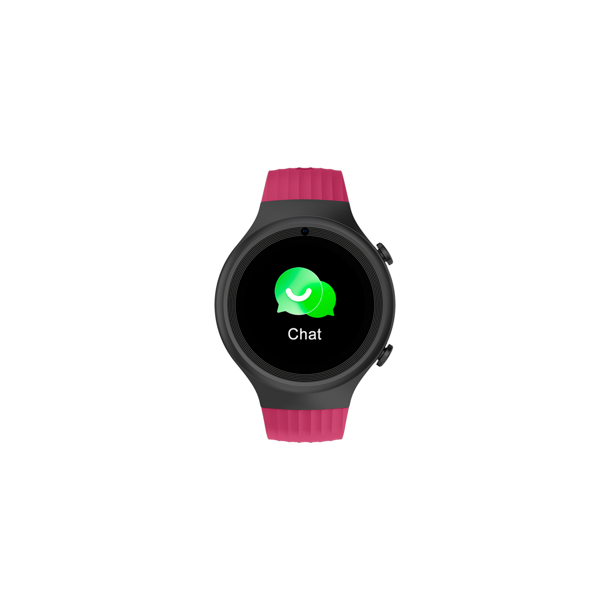 Uno smartwatch con quadrante rotondo che mostra l'icona della chat di WhatsApp. Ha un cinturino rosa.