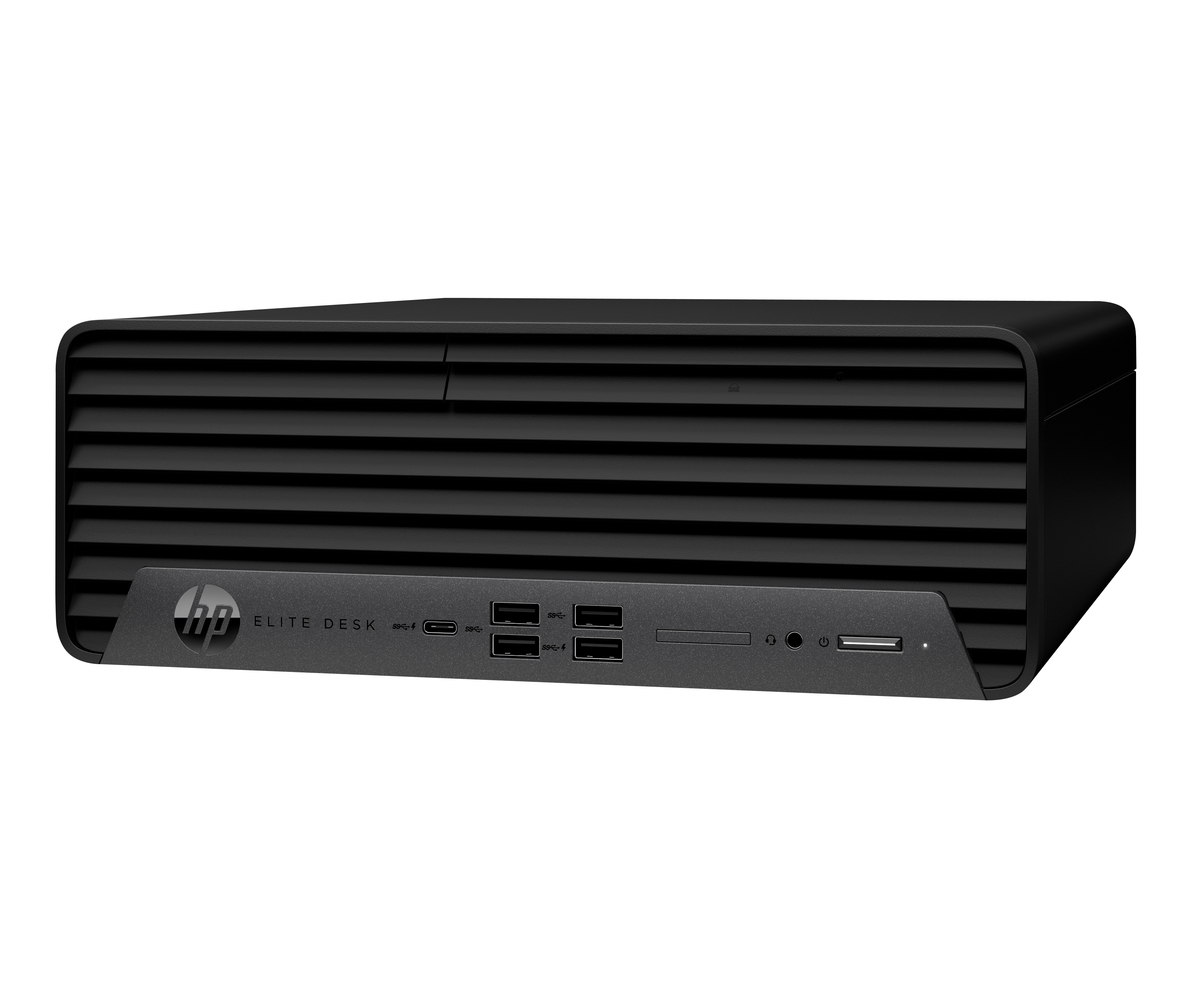 Schwarzer HP EliteDesk. Frontansicht mit HP-Logo und Anschlüssen. Horizontales Design.
