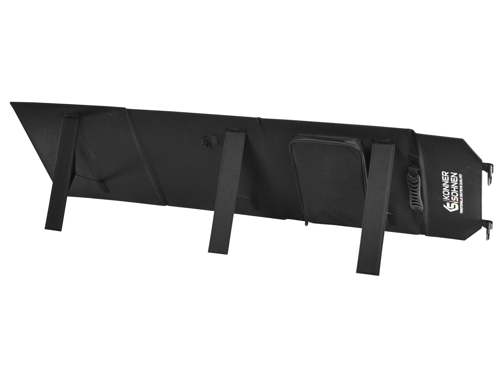 Czarny panel słoneczny w pozycji złożonej, z paskami i kieszenią. Widoczna nazwa marki.