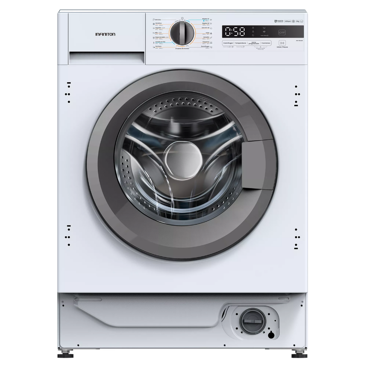 Una lavadora Miele blanca con la puerta abierta, mostrando el interior y el panel de control.
