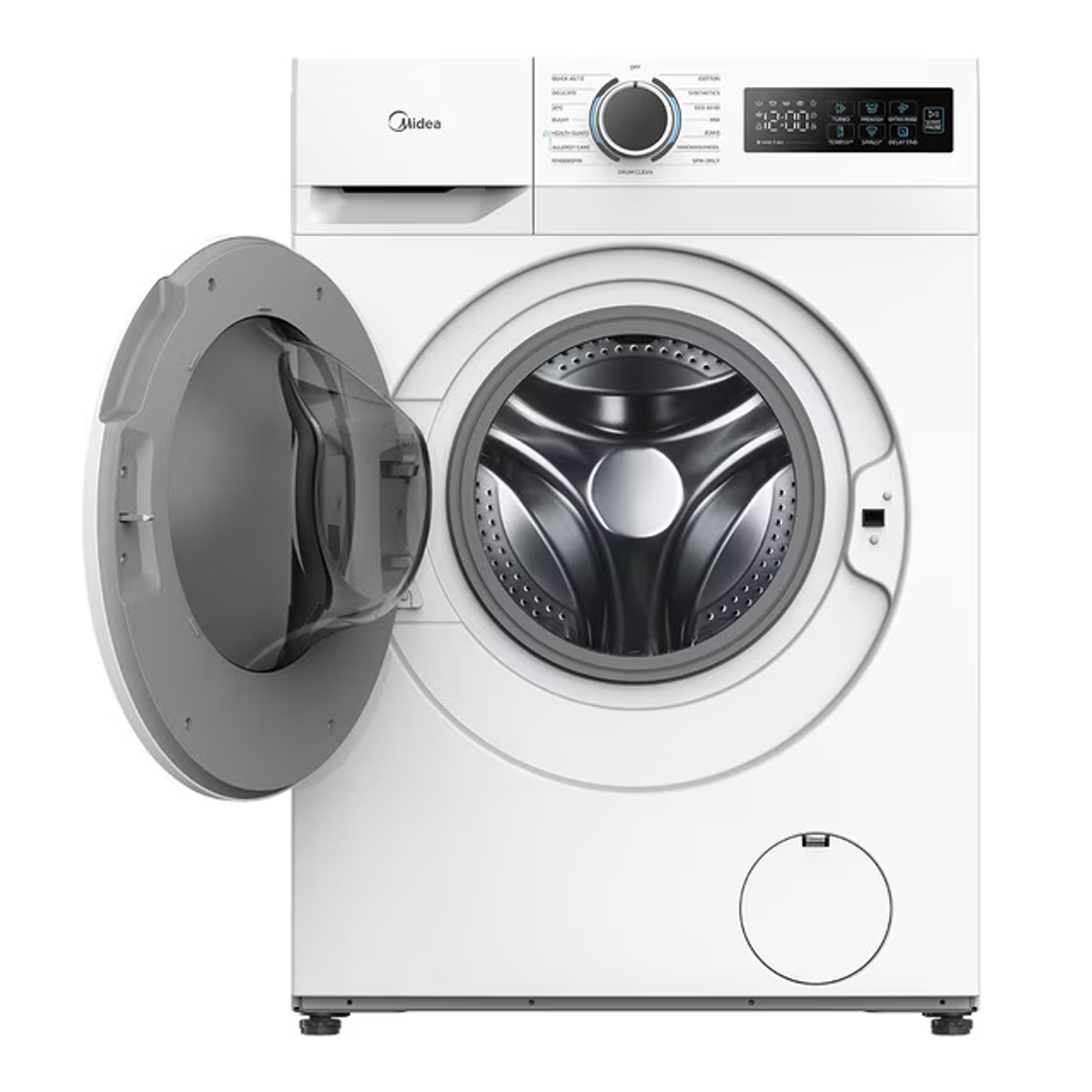 Una lavatrice Miele bianca con porta e pannello di controllo neri.