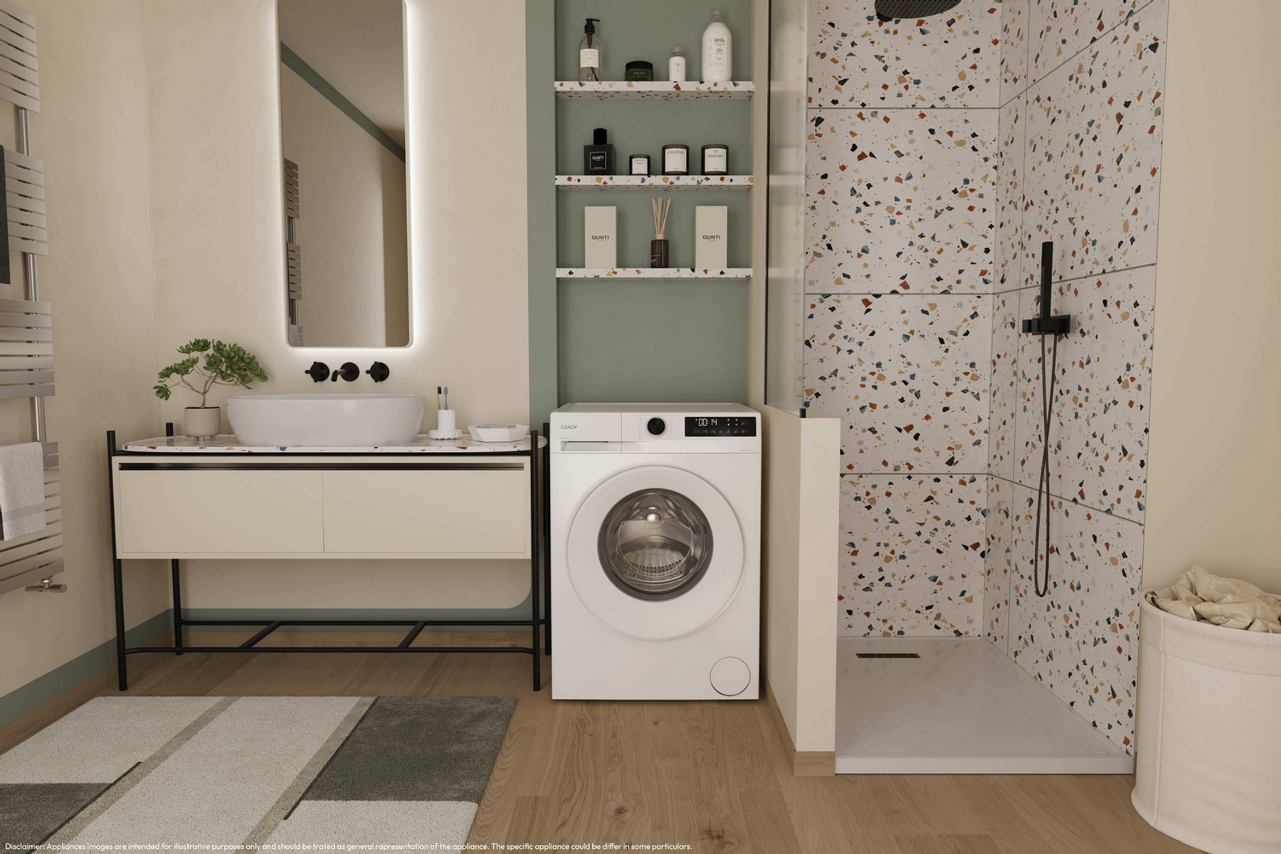 Scena łazienkowa z pralką. Jest lustro, umywalka, prysznic i półki z kosmetykami.