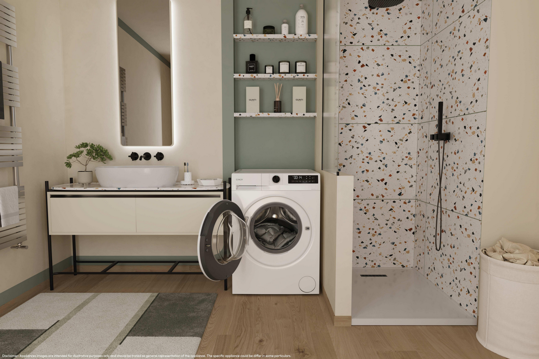 Scena łazienkowa z pralką, umywalką, lustrem i strefą prysznica.