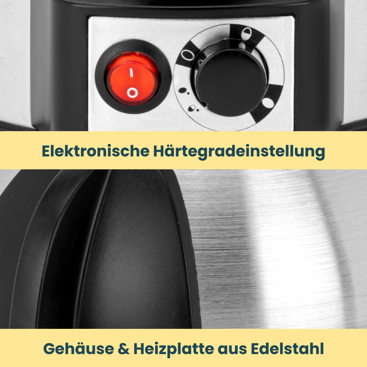 Zbliżenie elementów sterowania: czerwony przycisk, czarne pokrętło i tekst.