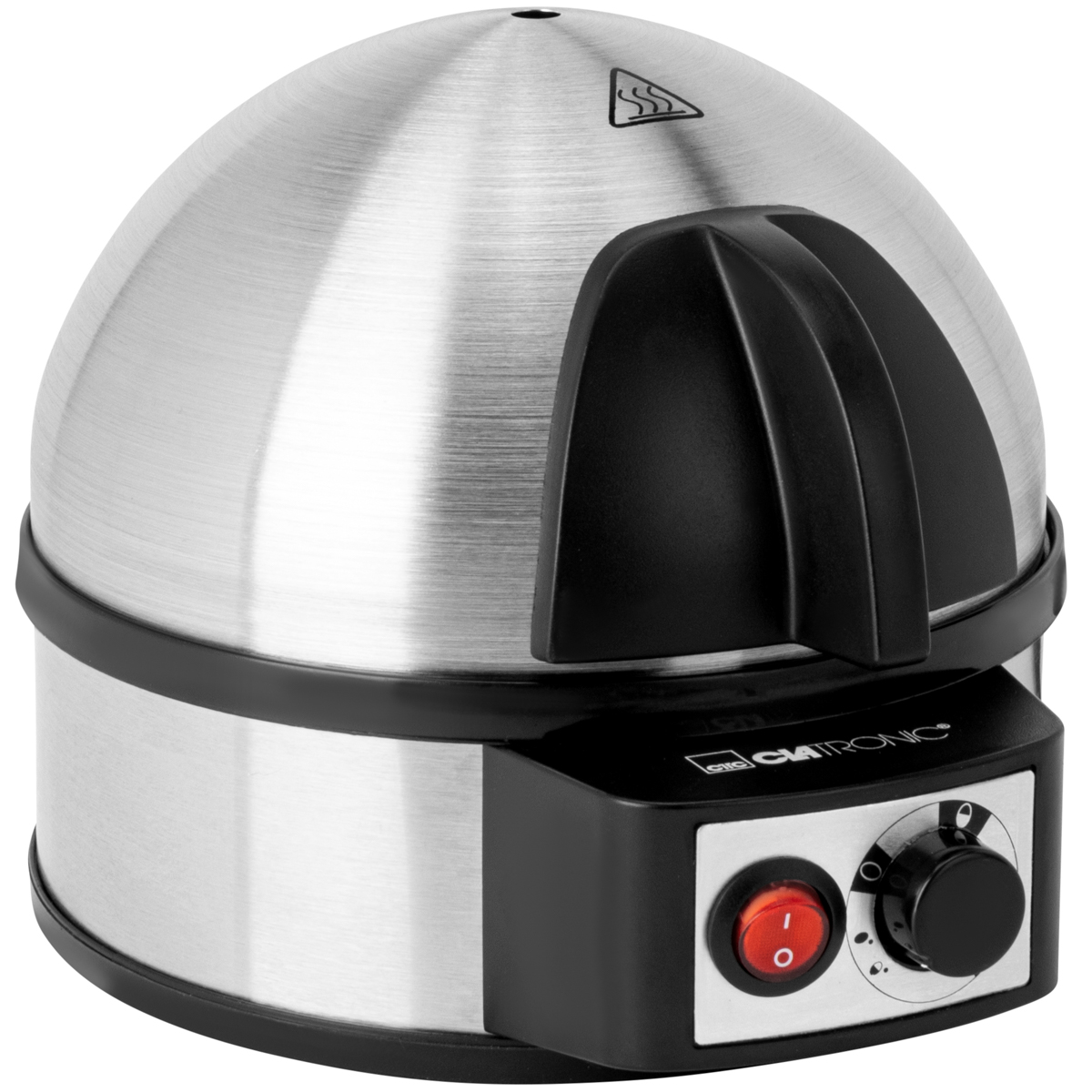 Gotowacz jajek z czarnym uchwytem i panelem sterowania, srebrna kopuła.