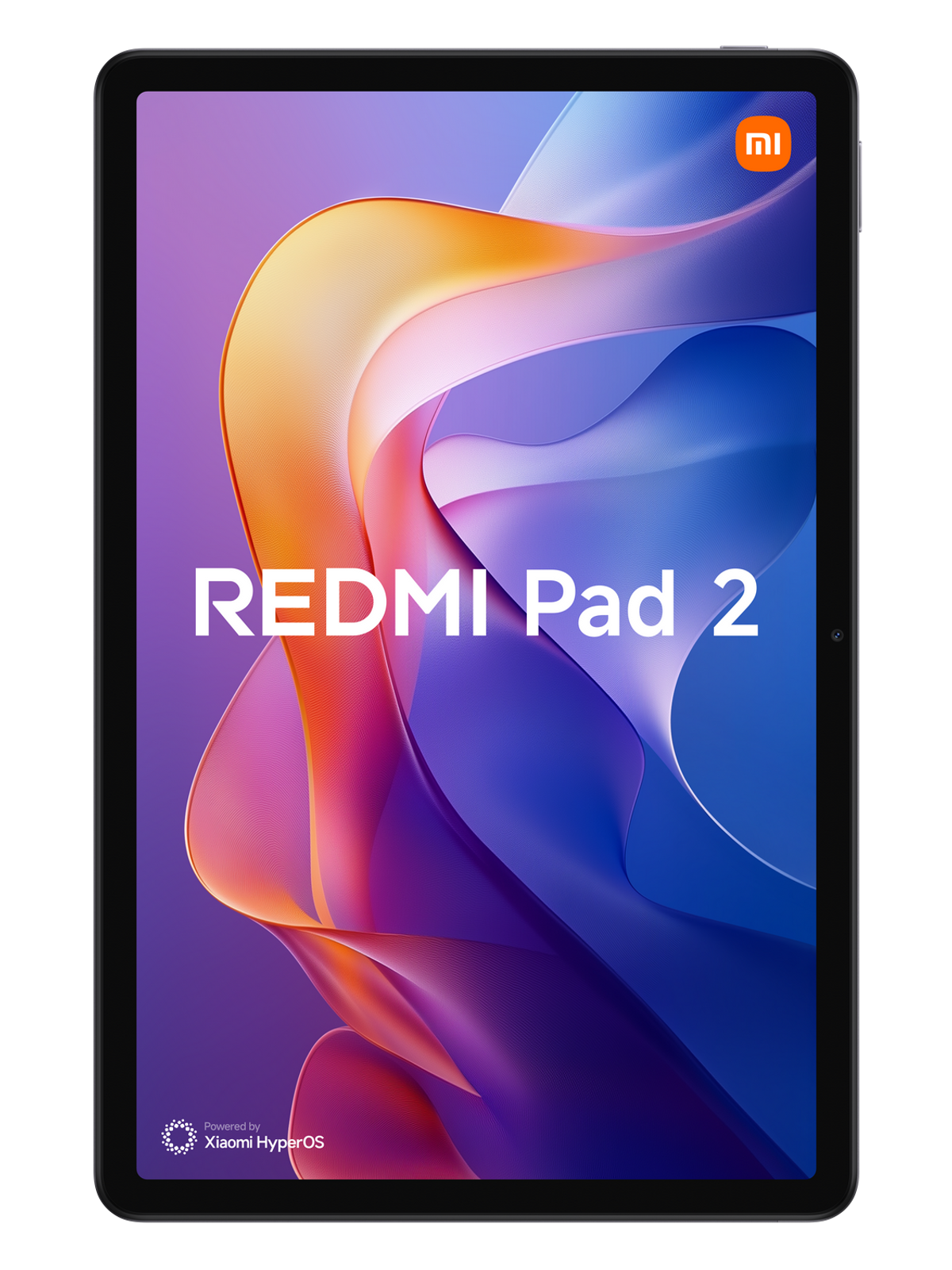 Tabletscherm met abstracte kunst, met 'REDMI Pad 2' en Xiaomi HyperOS logo.