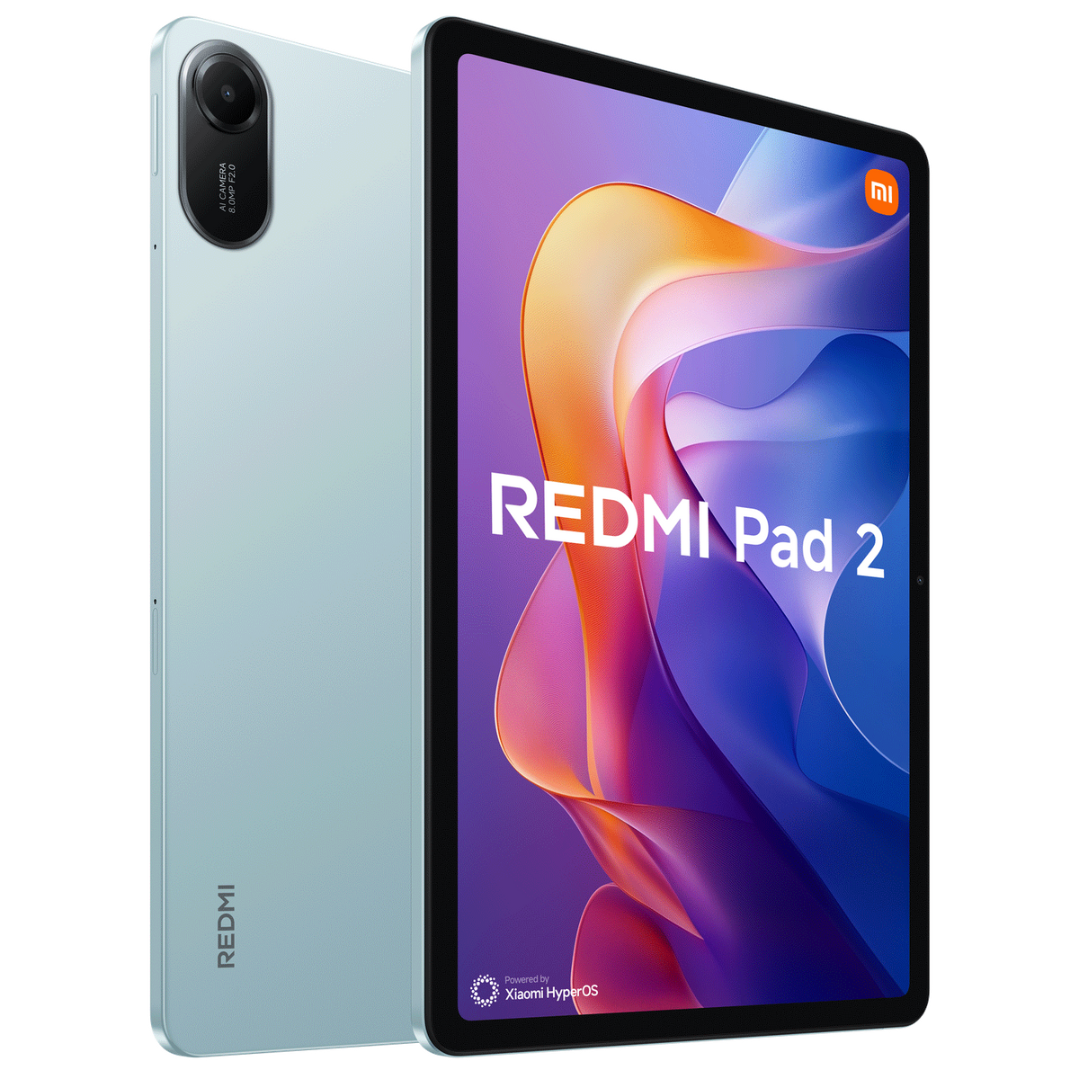 Tablet met scherm en achterkant zichtbaar, met 'REDMI Pad 2', lichtblauwe kleur.
