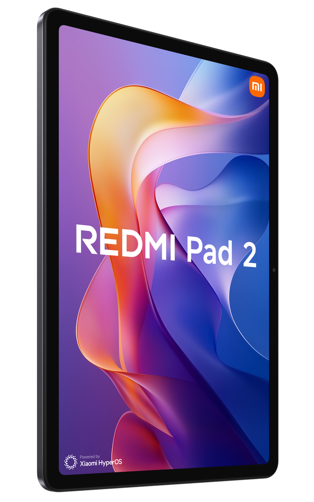 Tablet met scherm met abstracte kunst, met 'REDMI Pad 2' en Xiaomi HyperOS logo.