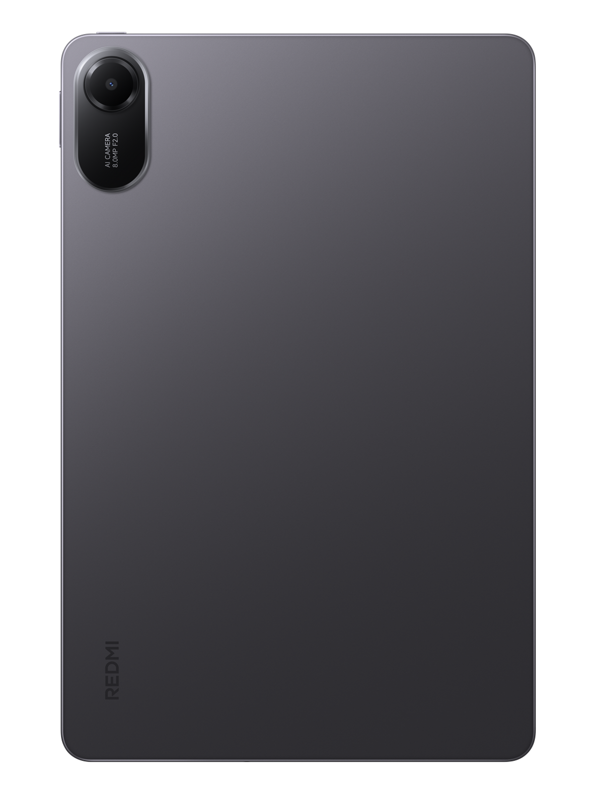 Grijze tablet achterkant met camera linksboven, woord 'REDMI' onderaan.