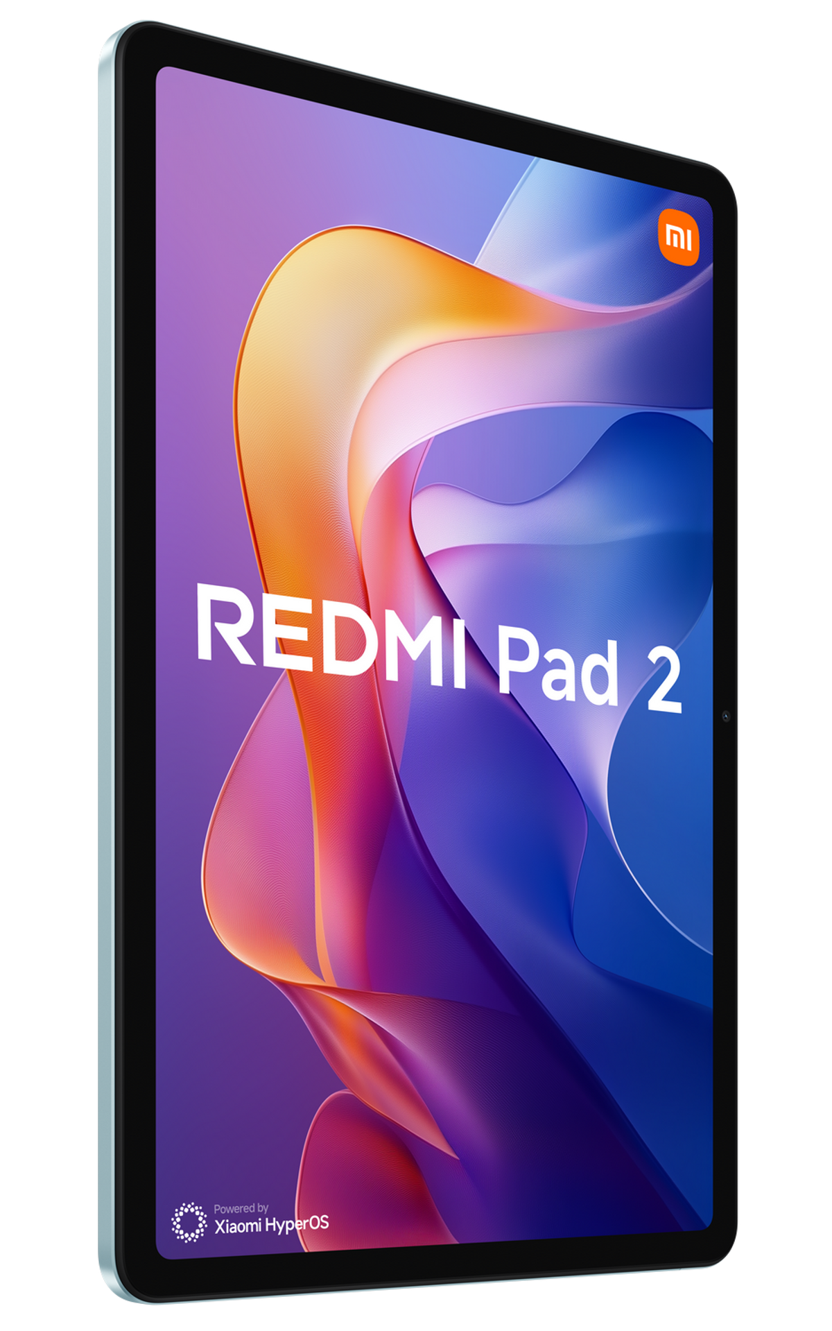 Tablet met scherm met abstracte kunst, met 'REDMI Pad 2' en Xiaomi HyperOS logo.