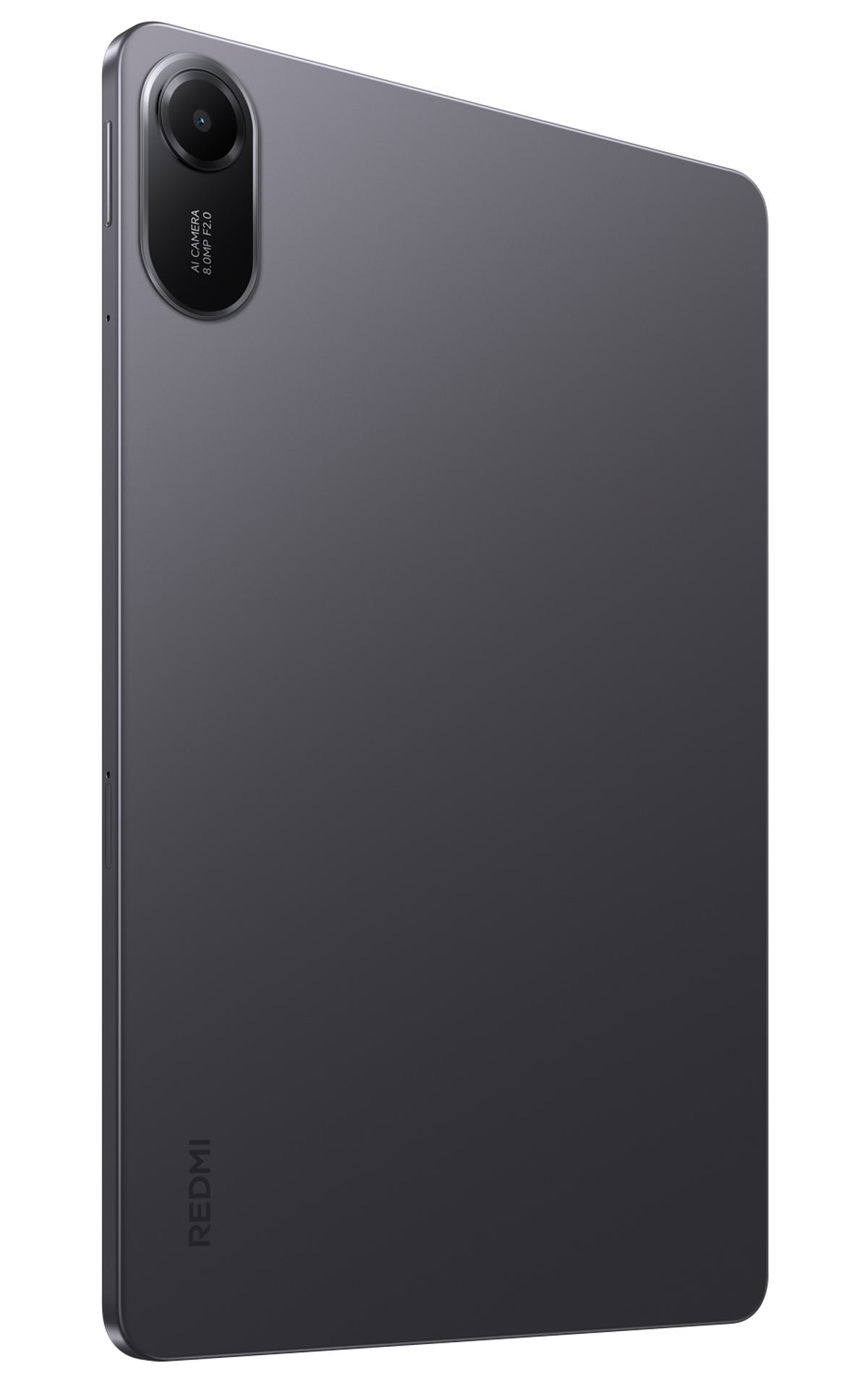 Grijze tablet, camera, Redmi-logo. Schuine weergave. Zwarte achtergrond.