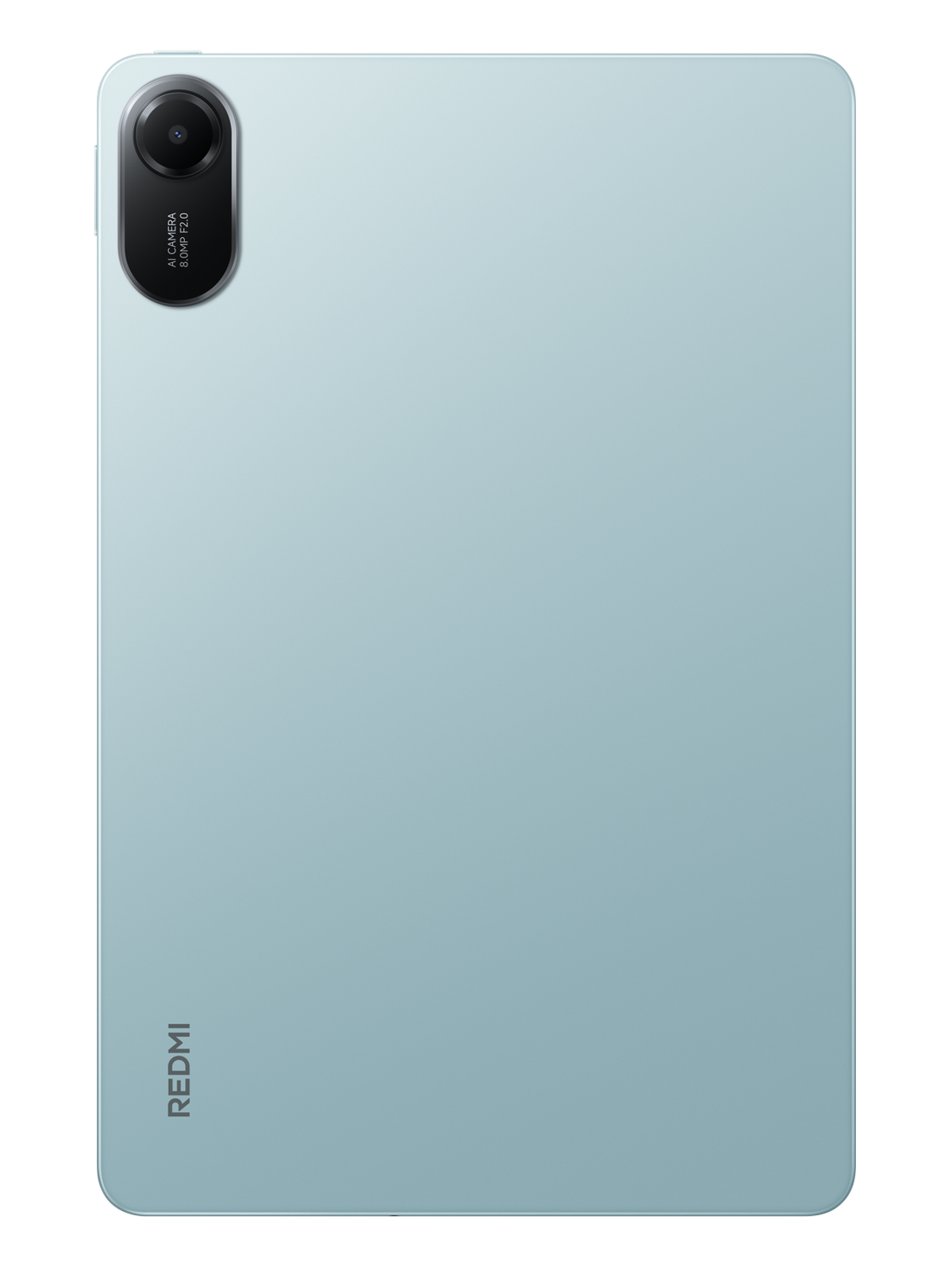 Lichtblauwe tablet achterkant met camera bovenaan, woord 'REDMI' onderaan.
