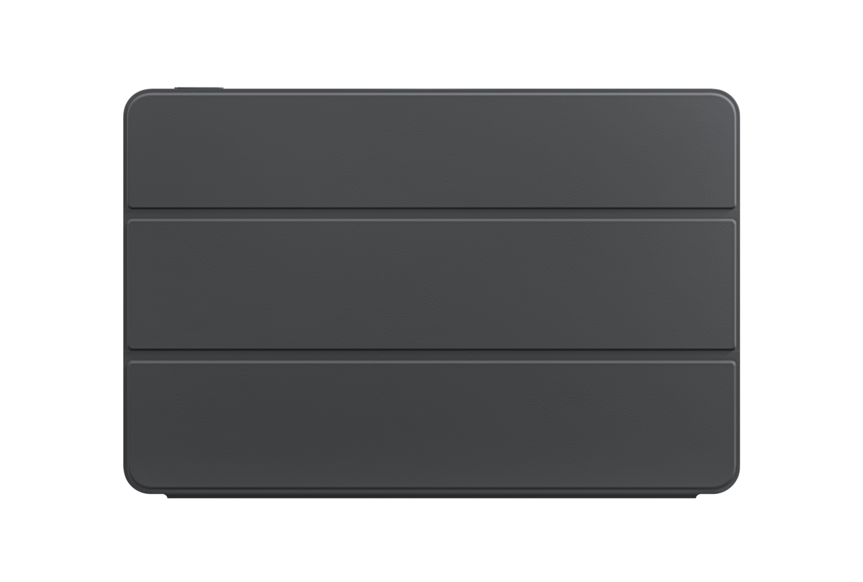 Eine dunkelgraue Tablet-Hülle, geschlossen, mit drei horizontalen Abschnitten.