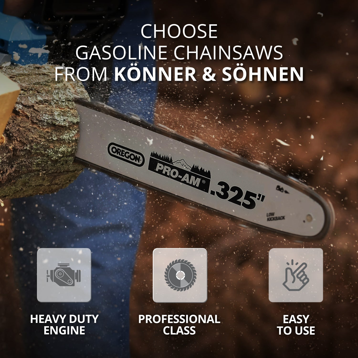 Piła łańcuchowa tnąca drewno. Zawiera ikony: silnik dużej mocy, klasa profesjonalna i łatwy w użyciu.