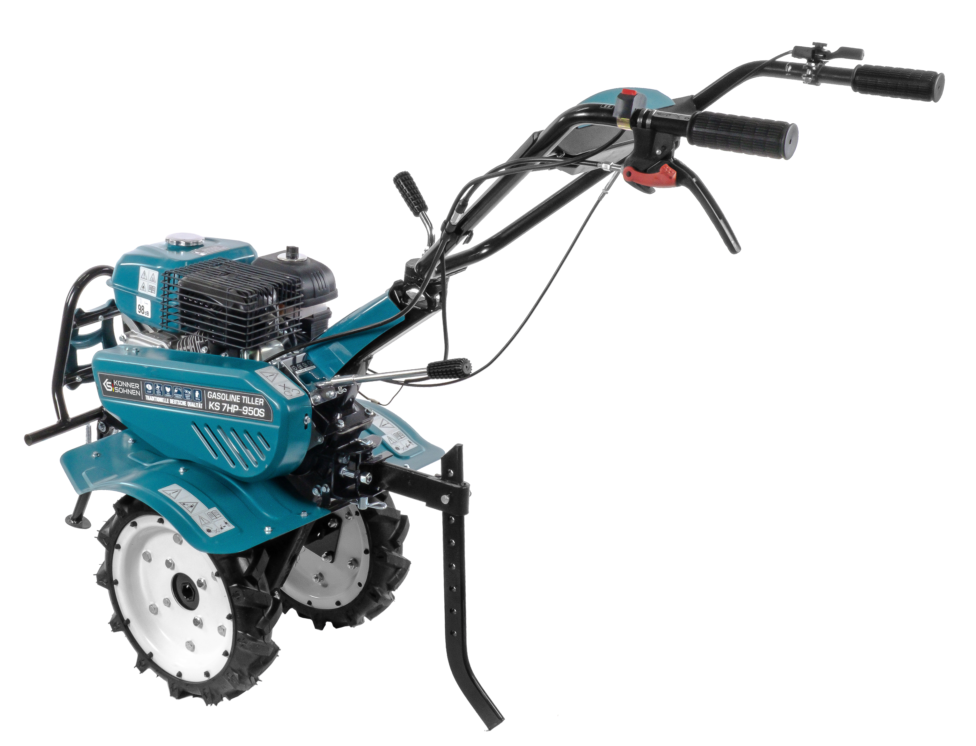 Niebiesko-czarna glebogryzarka benzynowa na czarnym tle. Glebogryzarka ma dwa białe koła.