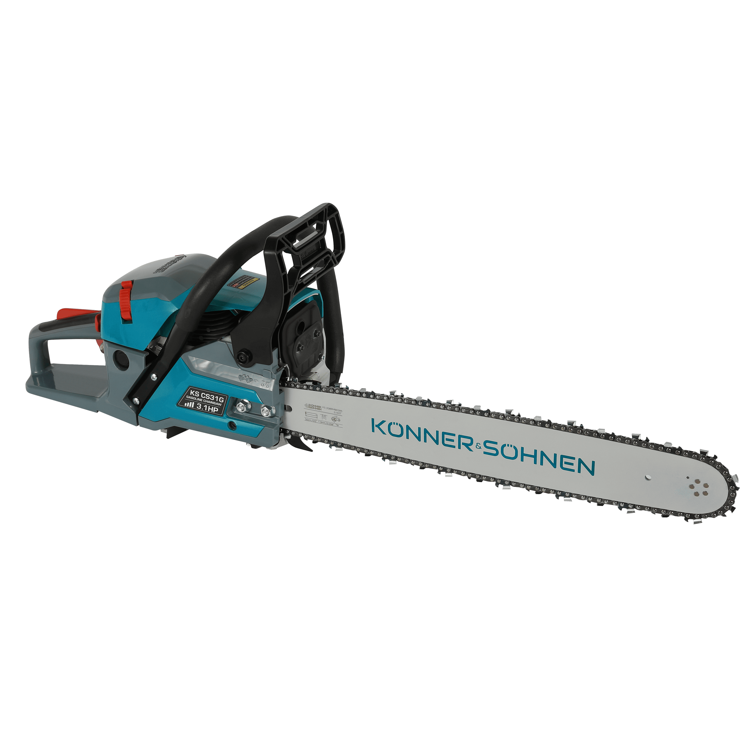 Piła łańcuchowa na czarnym tle z niebiesko-szarą obudową, czarnym uchwytem i łańcuchem z tekstem.