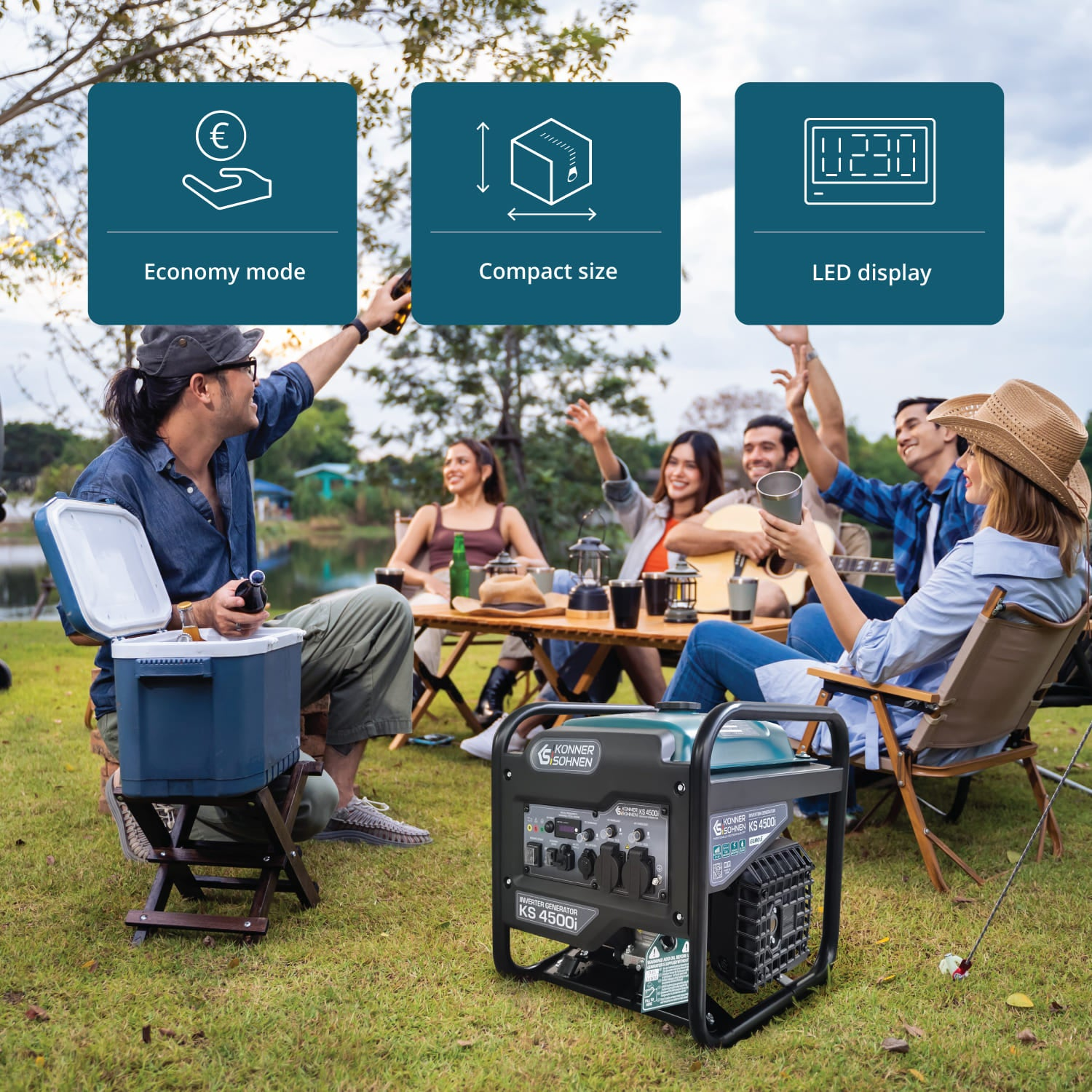 Ludzie wokół stołu z generatorem, sceneria piknikowa i akcesoria.