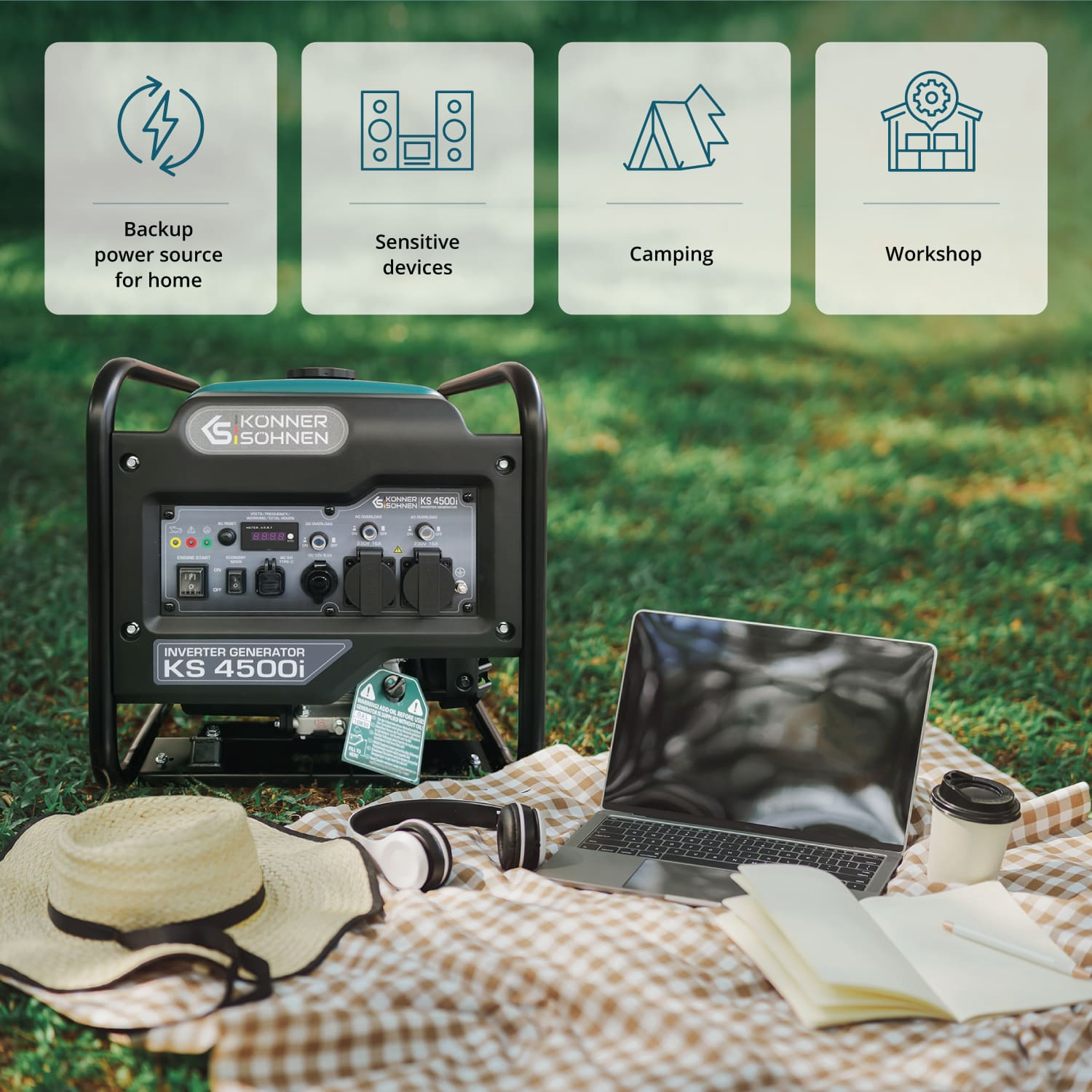 Generator na trawie z akcesoriami. Kontekst: źródło zasilania dla domu, kempingu i warsztatu.