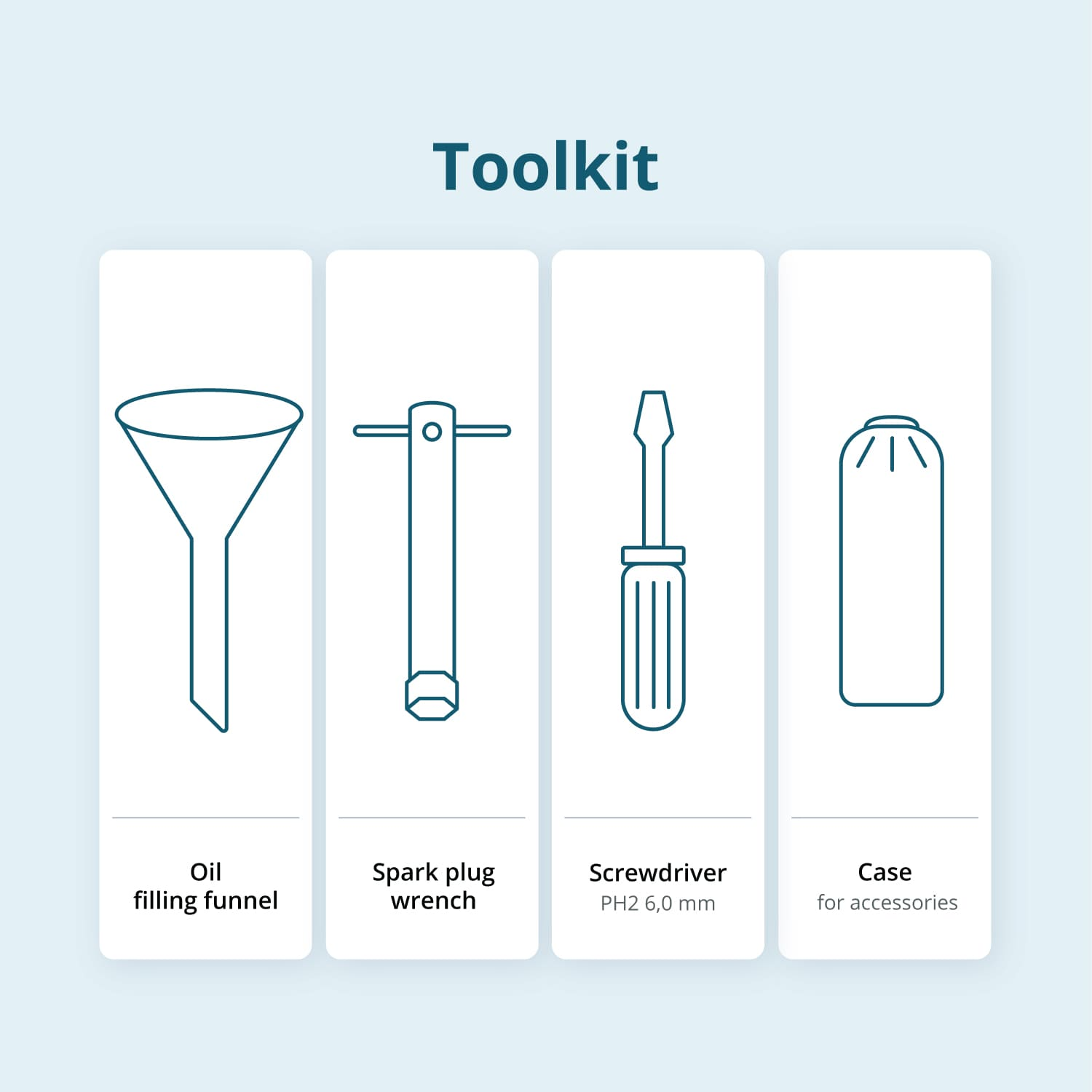 Zestaw narzędzi, lejek, klucz, śrubokręt i ikony etui. Jasnoniebieskie tło.