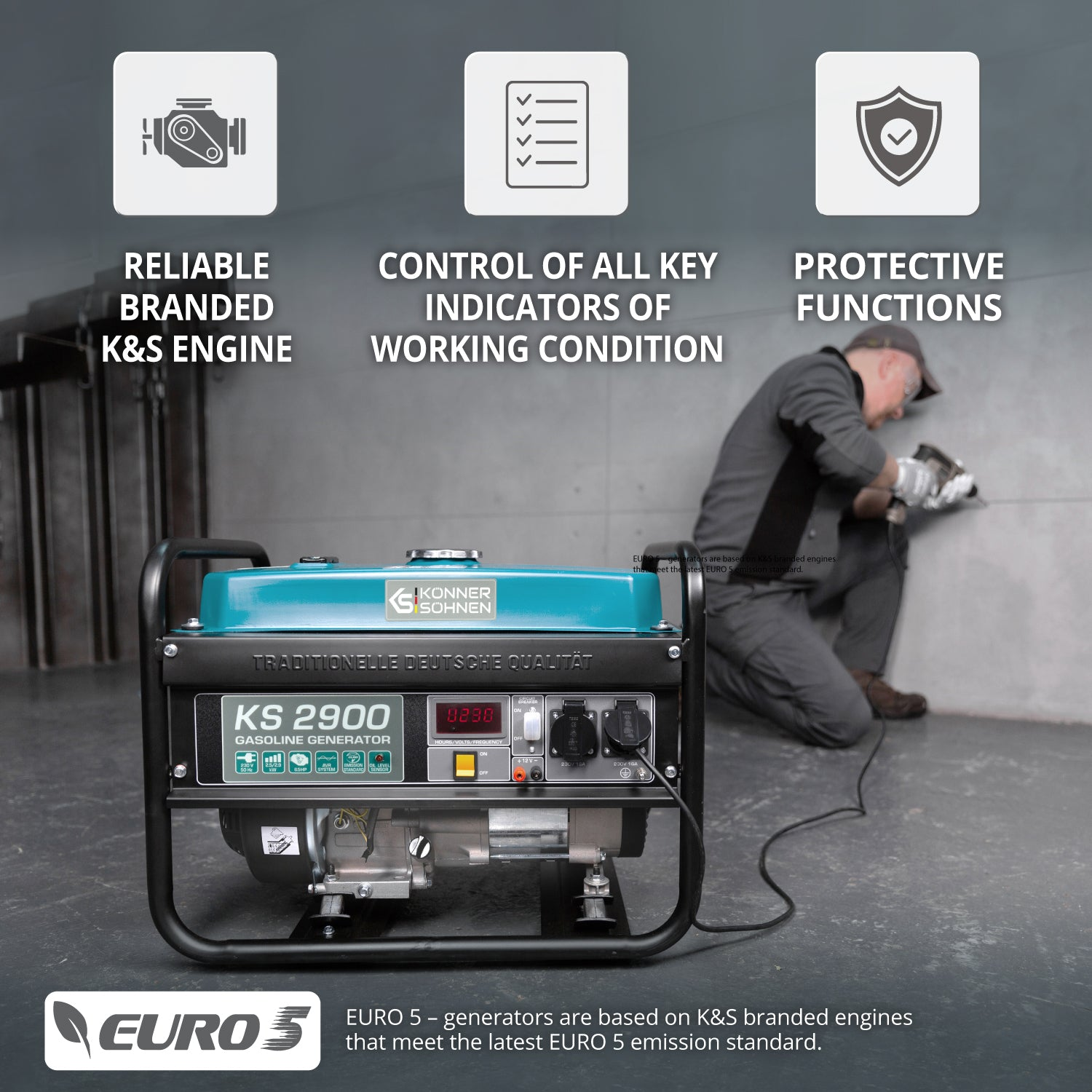 Generator, turkusowy i czarny, panel sterowania, silnik Euro 5. Mężczyzna pracuje. Białe tło.