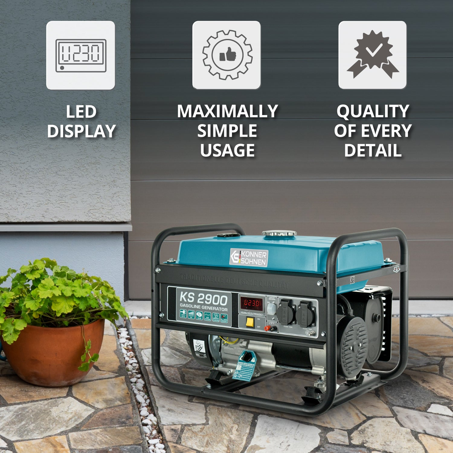 Generator z doniczką po boku, pokazujący wyświetlacz i funkcje.