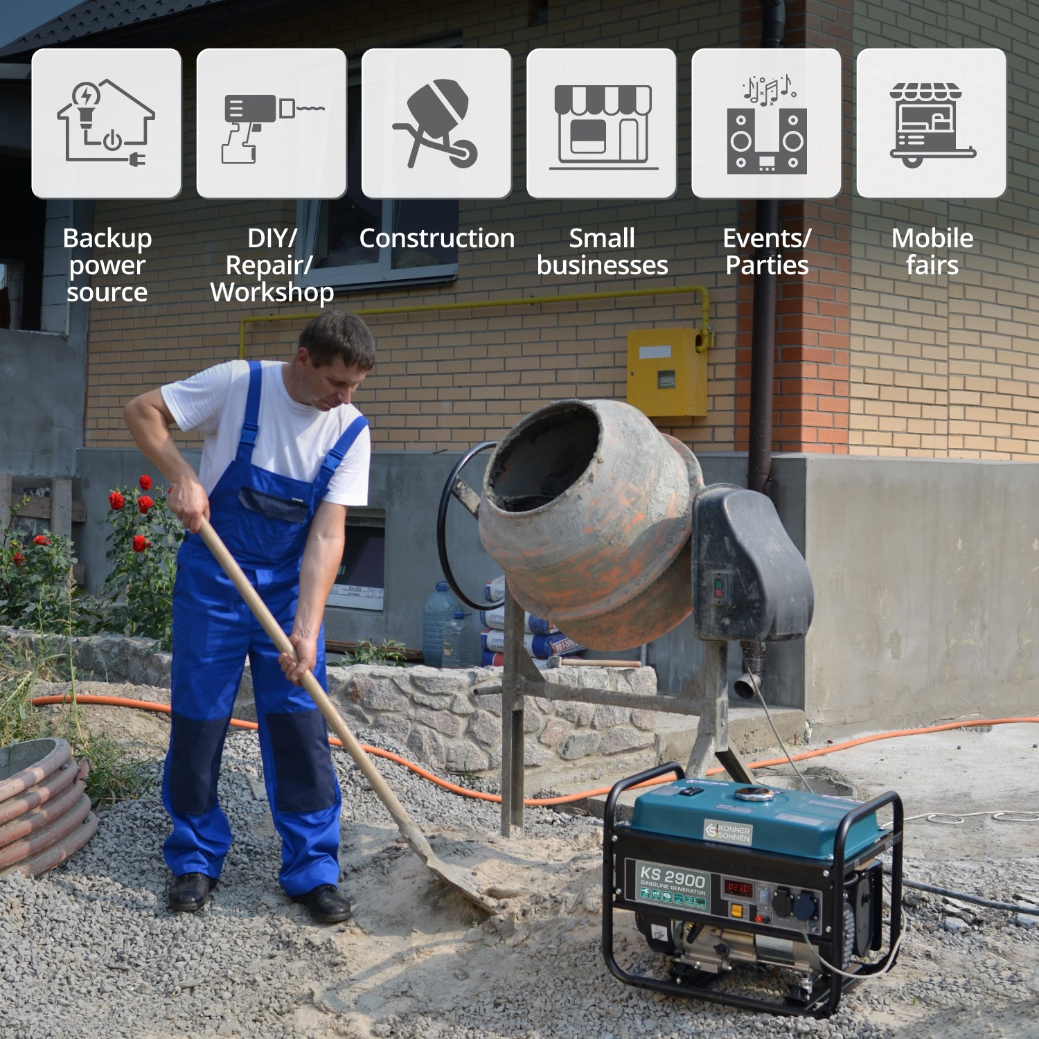 Mężczyzna z łopatą, betoniarką i generatorem na budowie.