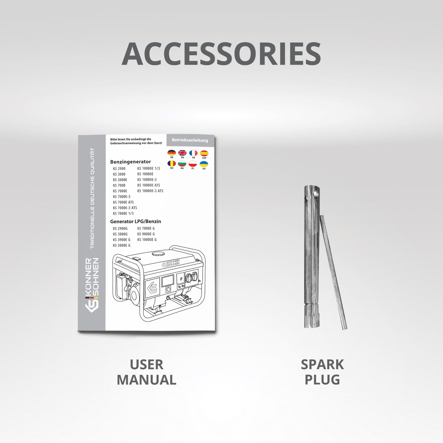 Obraz akcesoriów: Instrukcja obsługi i świeca zapłonowa do generatora.