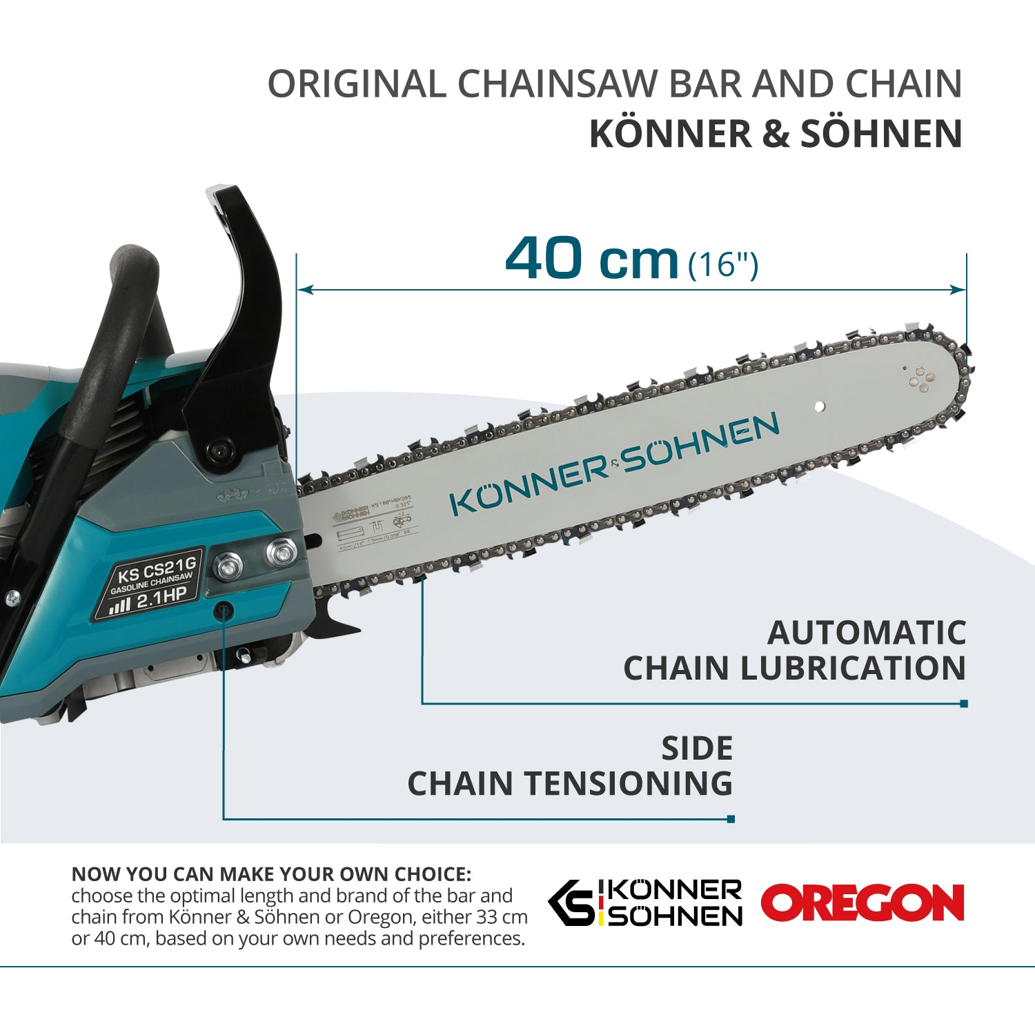 Motosierra con opciones de barra y cadena resaltadas. Muestra barra de 40 cm (16").