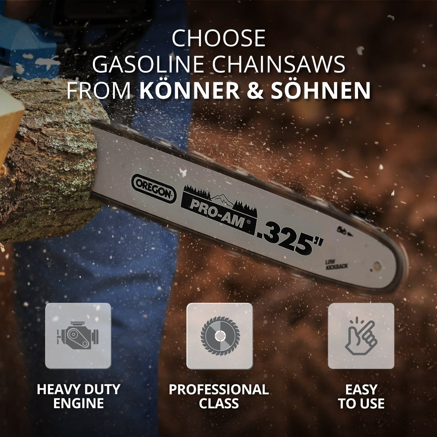 Piła łańcuchowa tnąca drewno. Ma srebrne ostrze i jest oznaczona jako 'Oregon'. Ikony pokazują silnik, klasę i łatwość użycia.