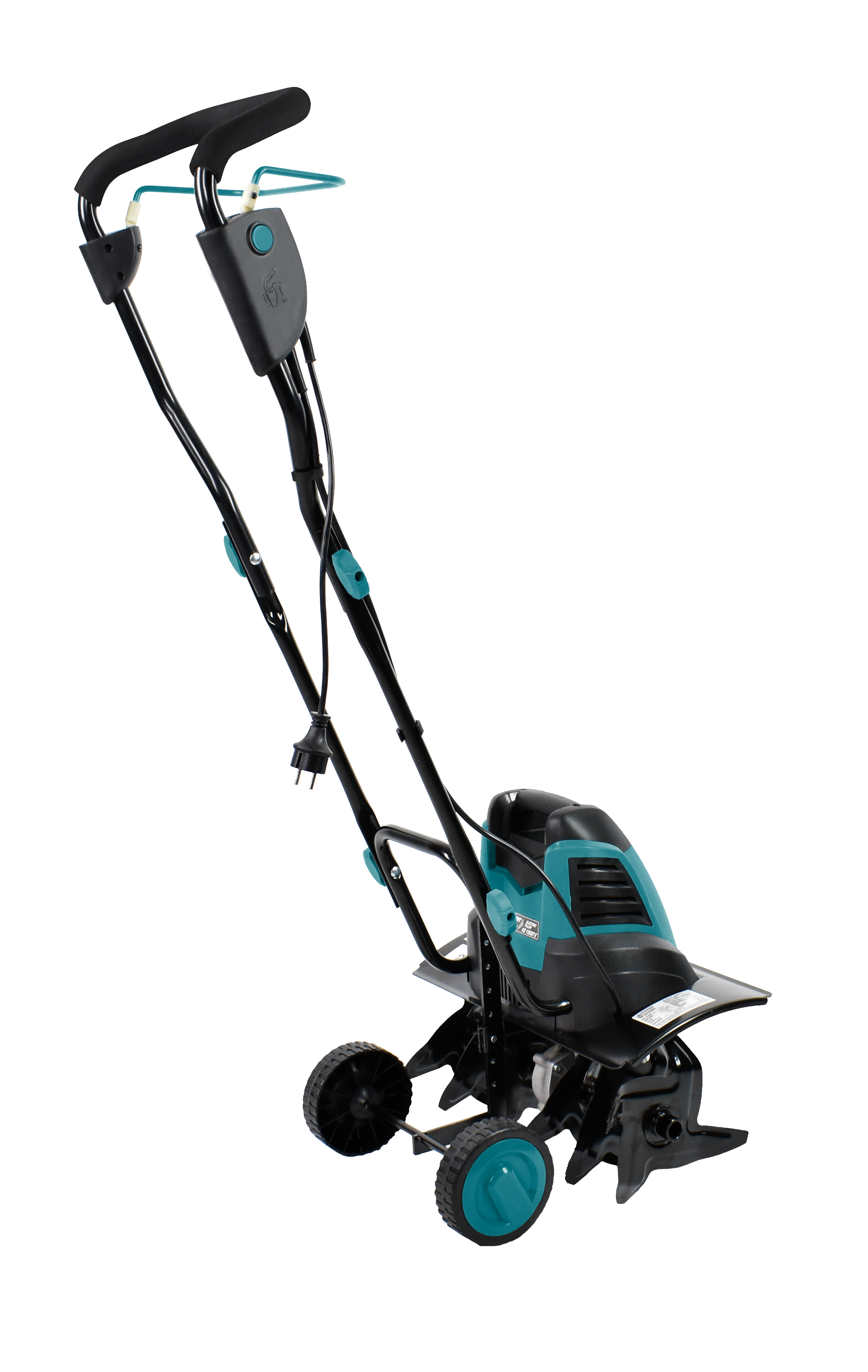 Elektryczna glebogryzarka na czarnym tle. Glebogryzarka jest zielono-czarna z czarnymi uchwytami i dwoma kołami.