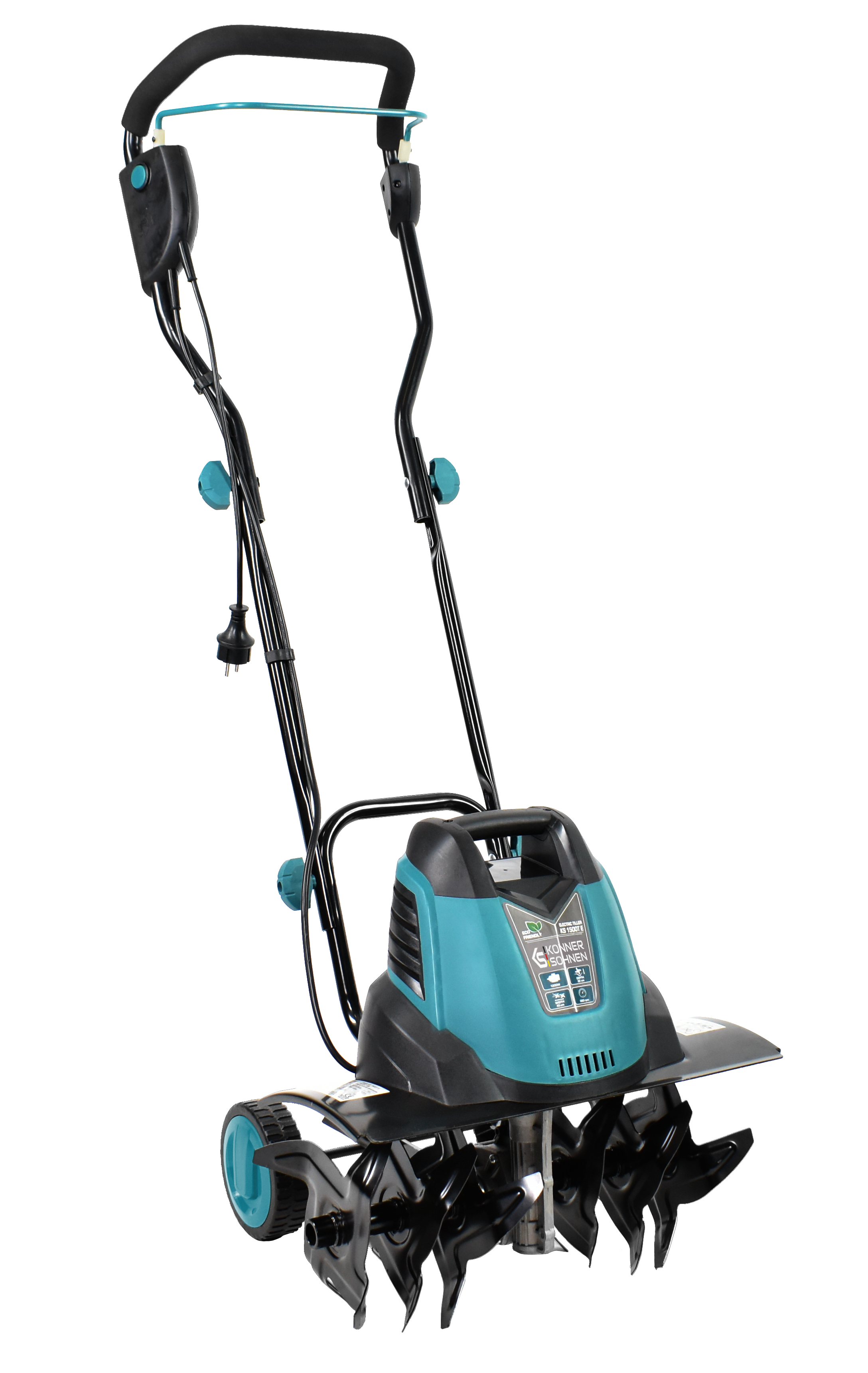 Turkusowa i czarna glebogryzarka na czarnym tle. Ma kabel zasilający i uchwyt.