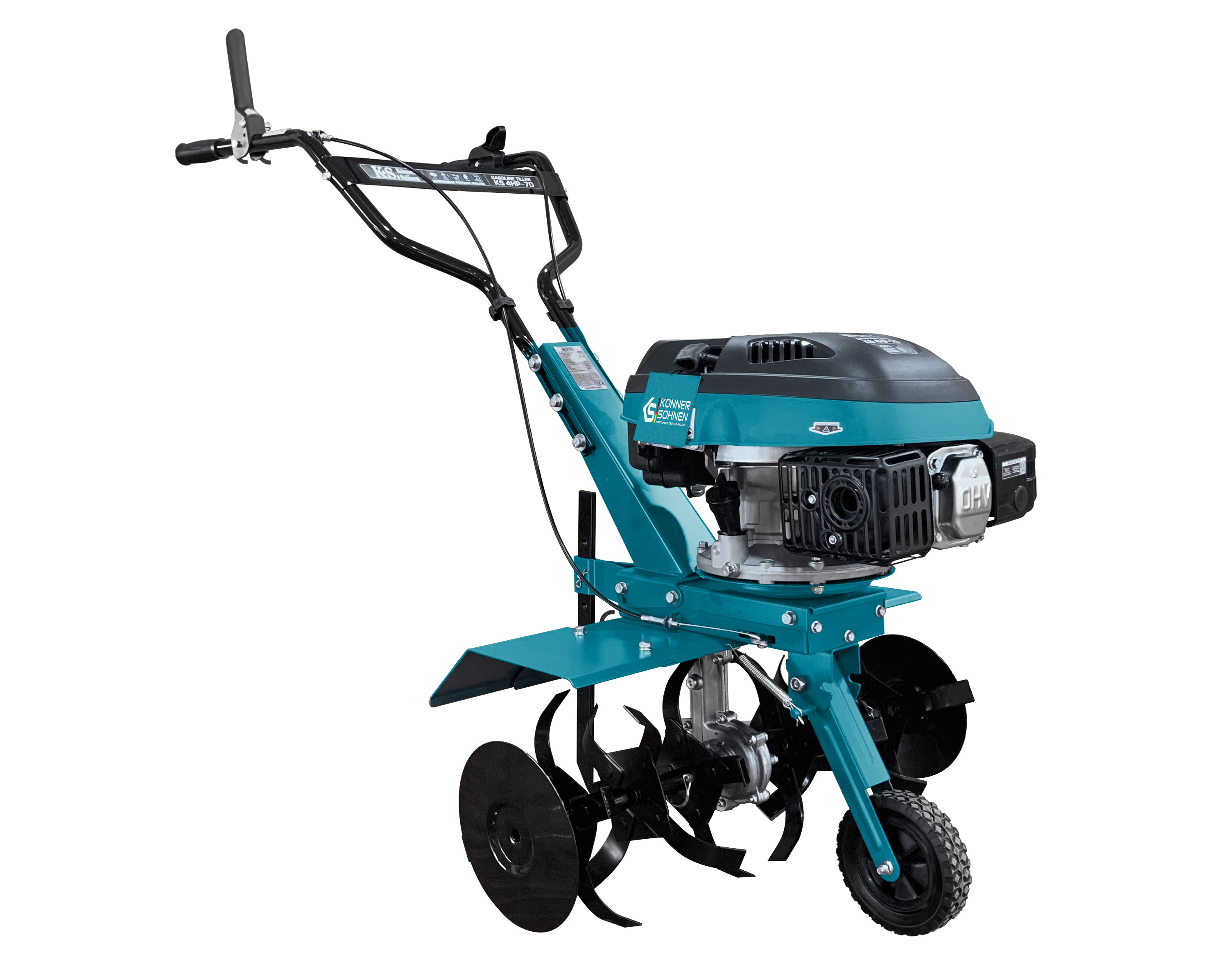 Zielono-czarna glebogryzarka z czarnym silnikiem i czarnymi kołami na czarnym tle. Glebogryzarka jest pochylona w lewo.